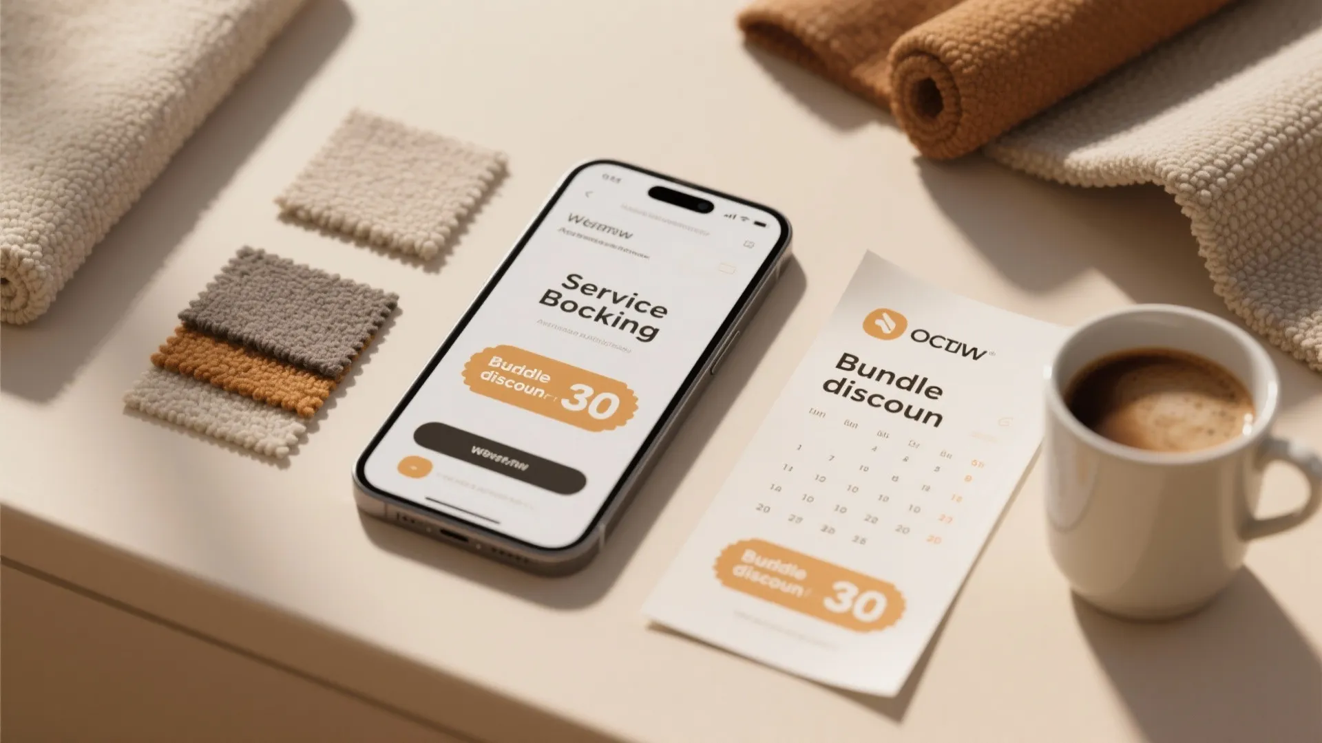 Flatlay of calendar, discount coupon, and fabric swatches representing package deals and timing.