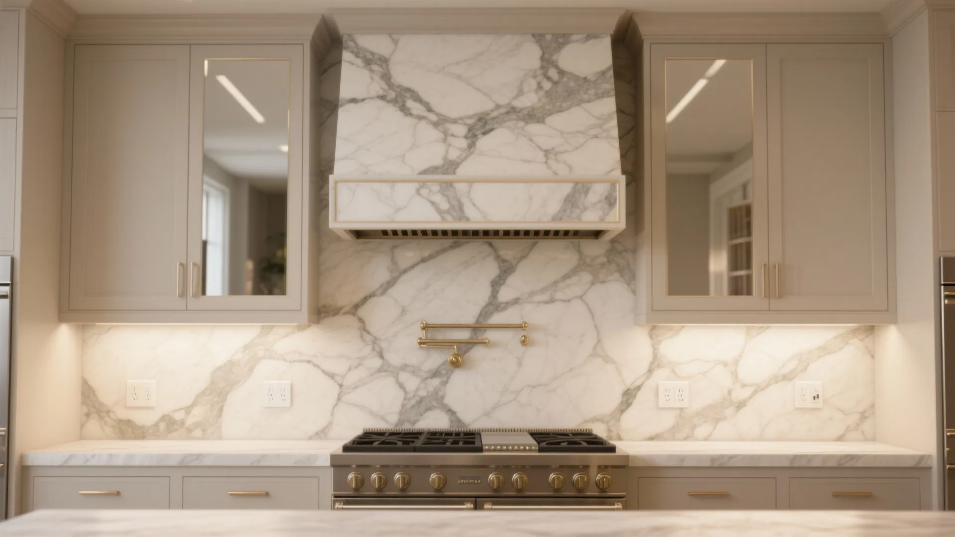 Elegant kitchen design with marble wall panels grey cabinets a professional stove and gold hardware details