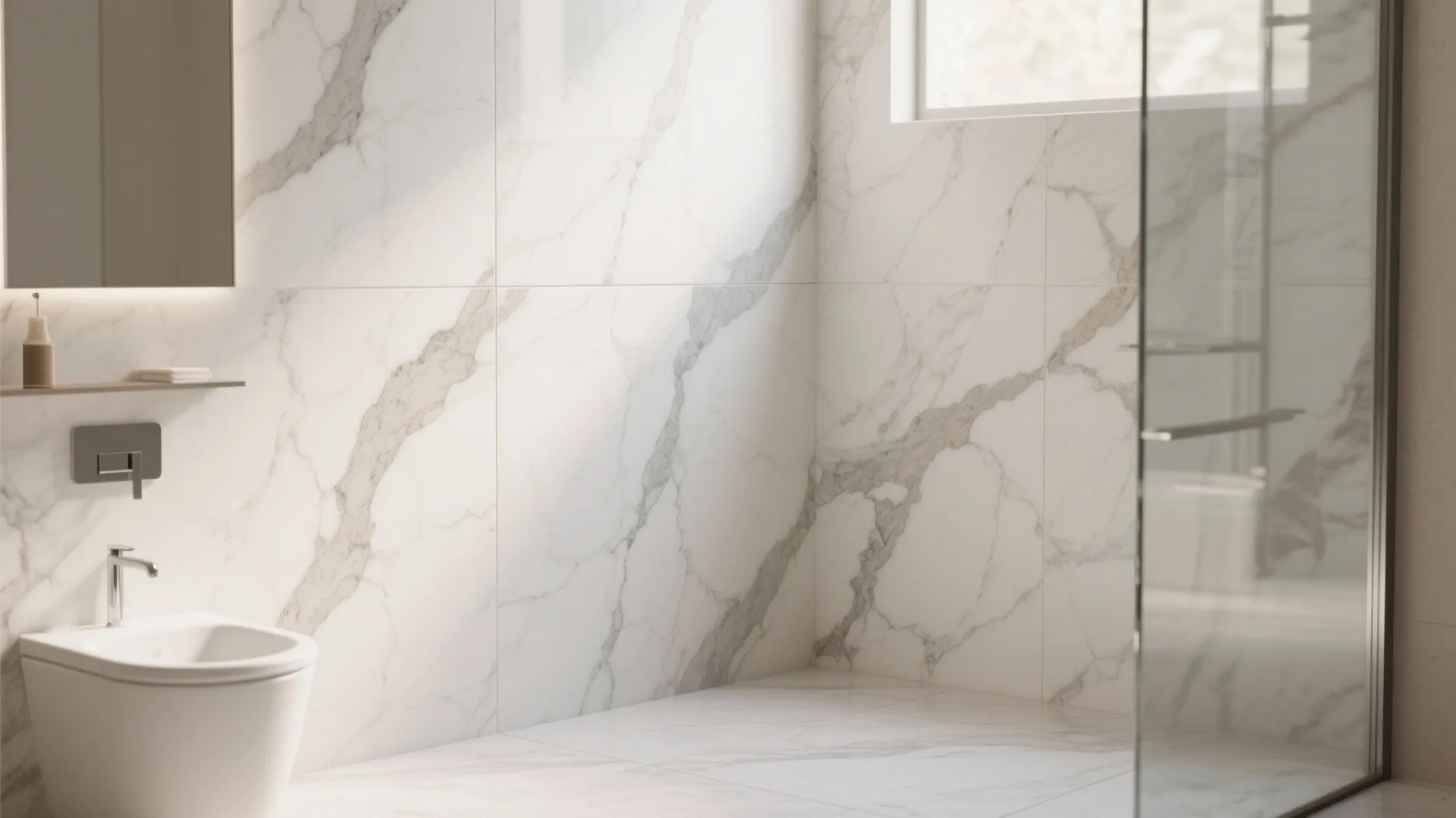 Luxury bathroom with large marble wall tiles white toilet glass shower door and natural light