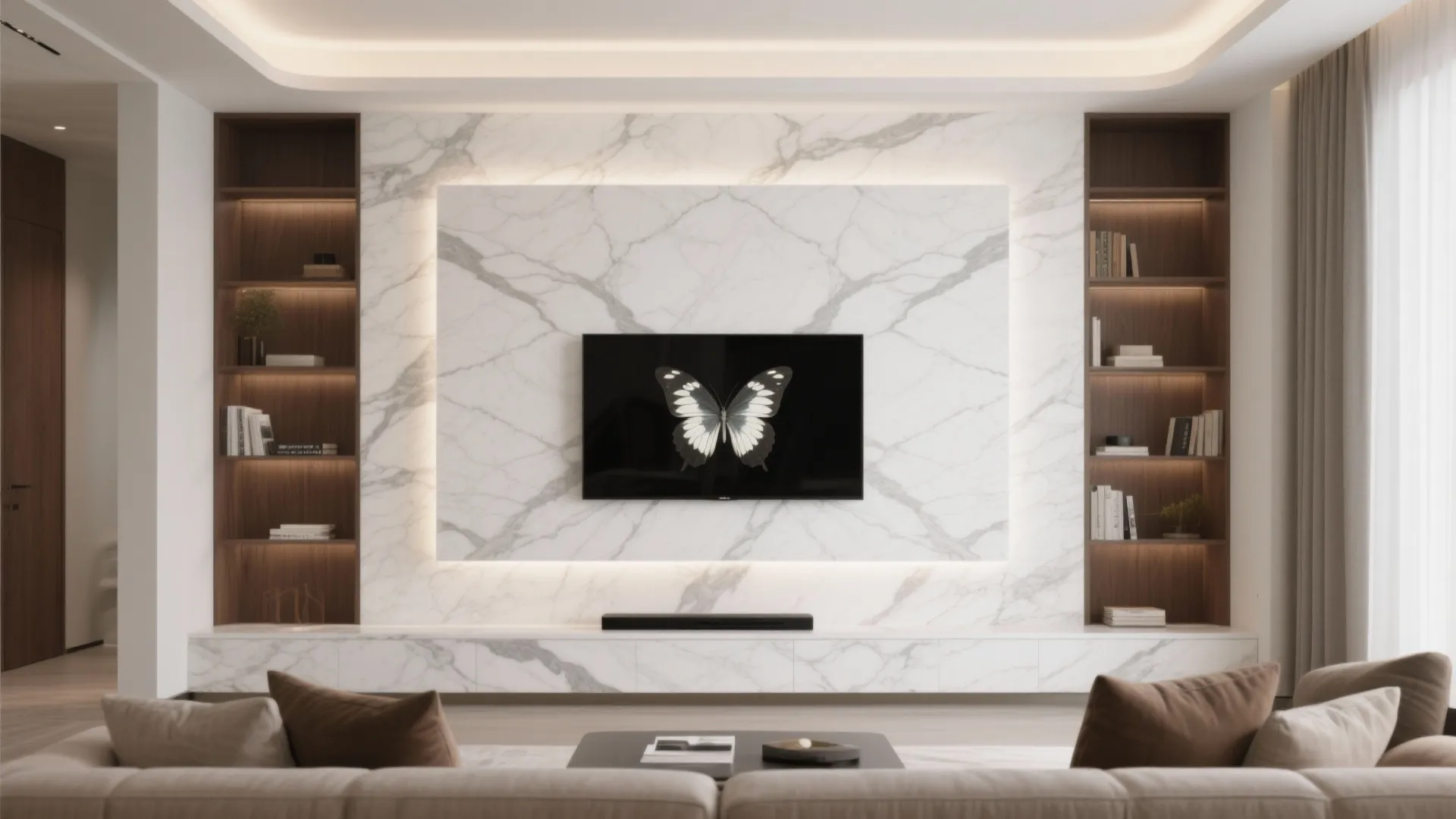 Modern living room featuring large white marble wall with television and built in wood cabinets