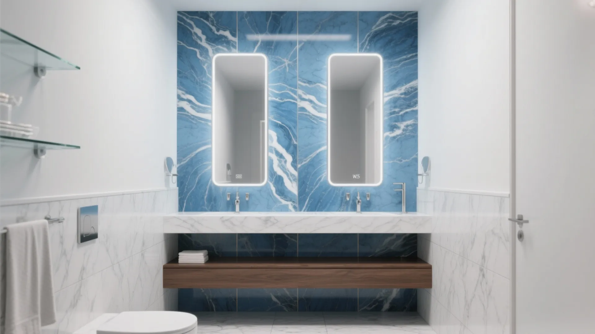 Modern bathroom with blue marble wall feature two lighted mirrors wood cabinet and white walls