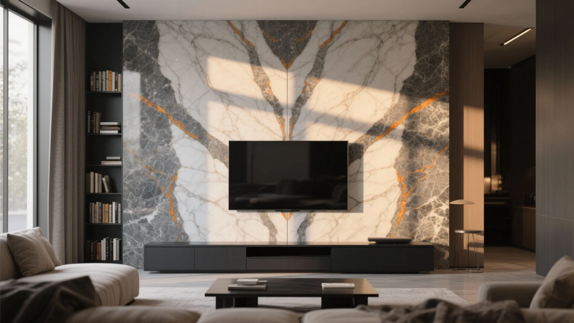 Bookmatched Granite Feature Wall Drama