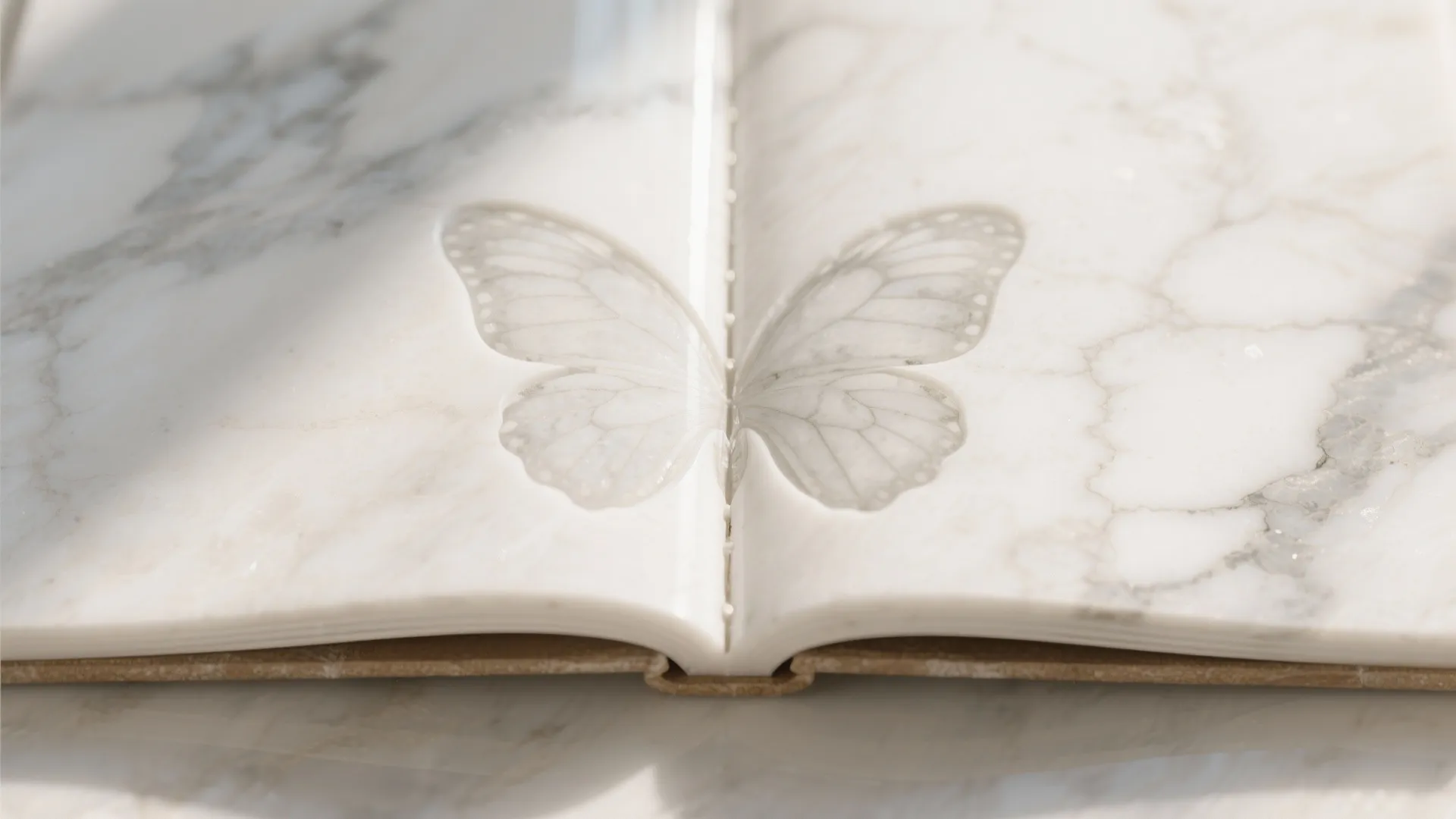 Close up view of white marble book with a butterfly shape carved into the stone surface