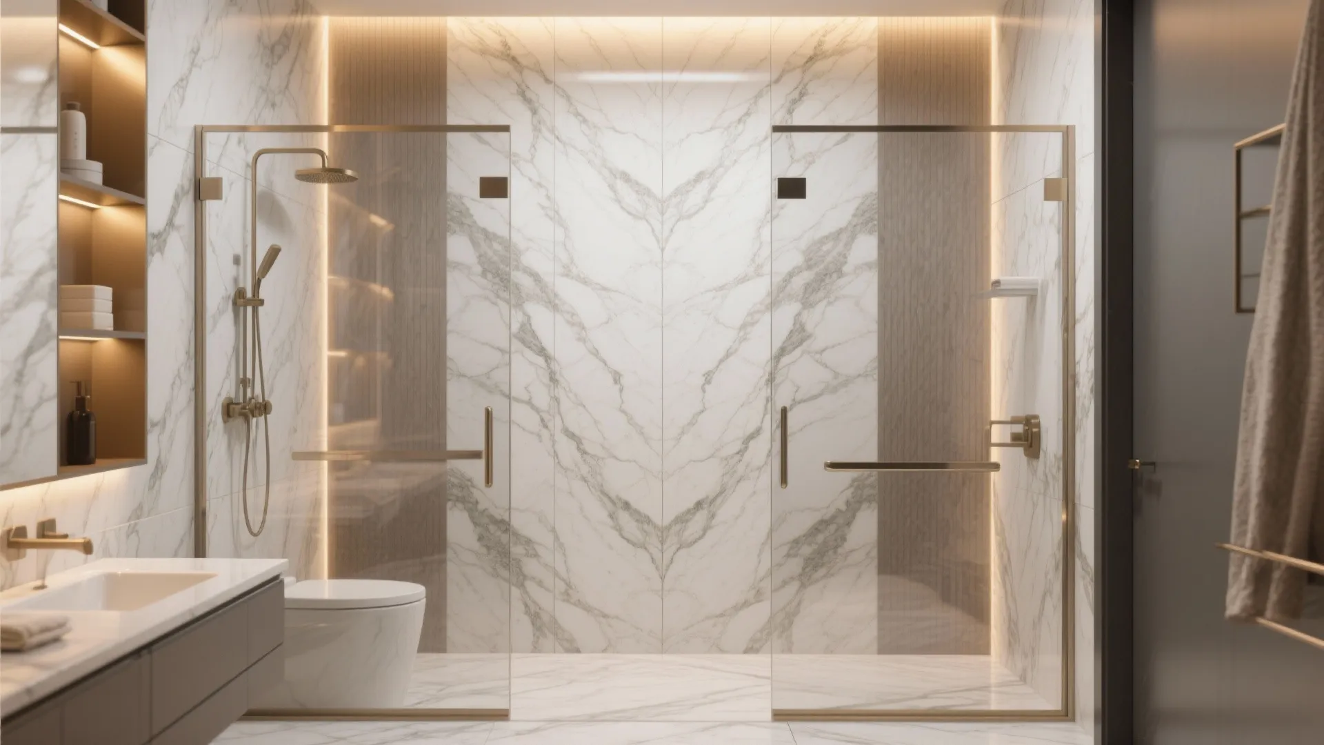 Shower wall with bookmatched marble-look porcelain tiles
