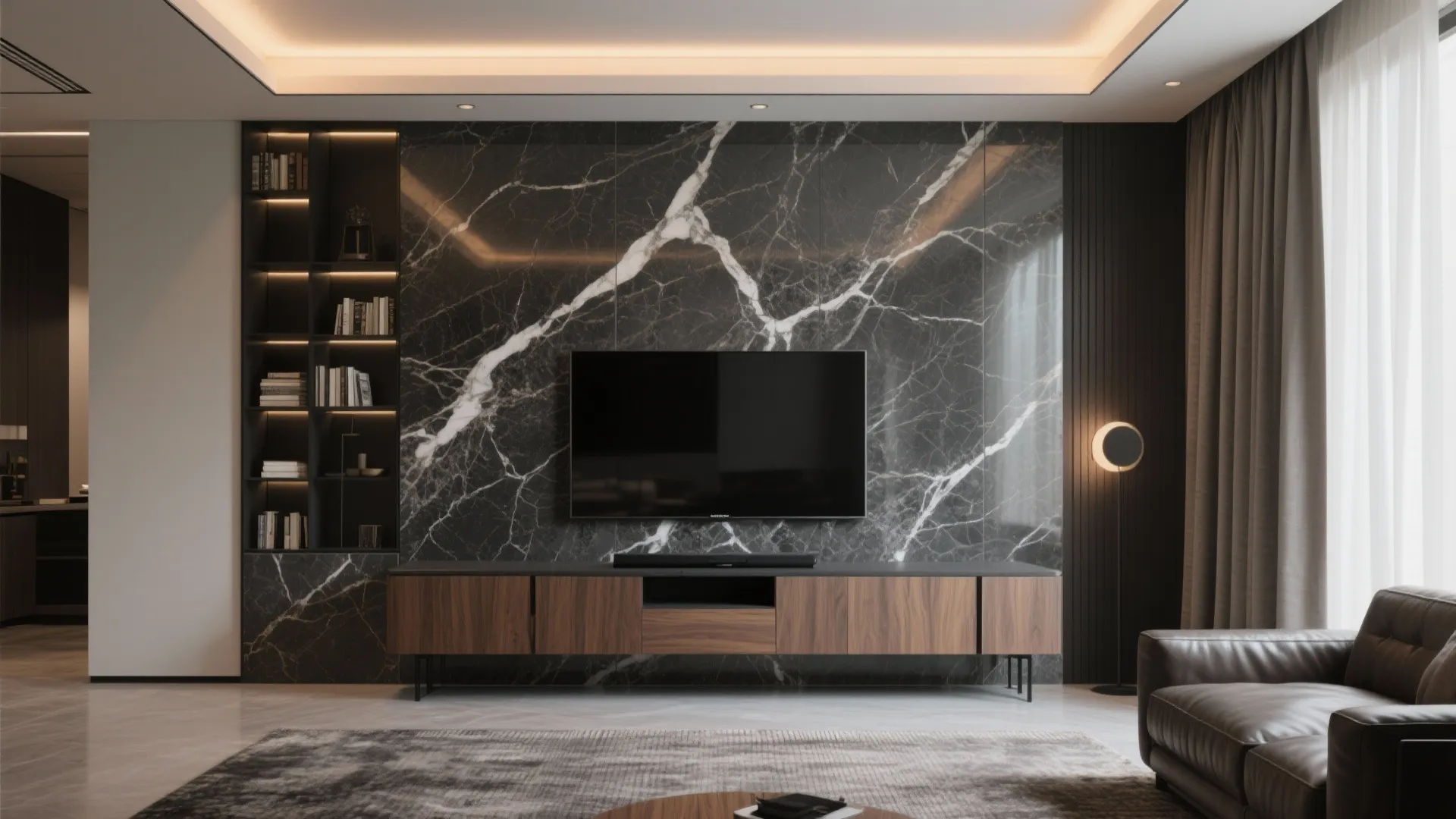 Bookmatched Granite Accent Wall with Hidden Storage