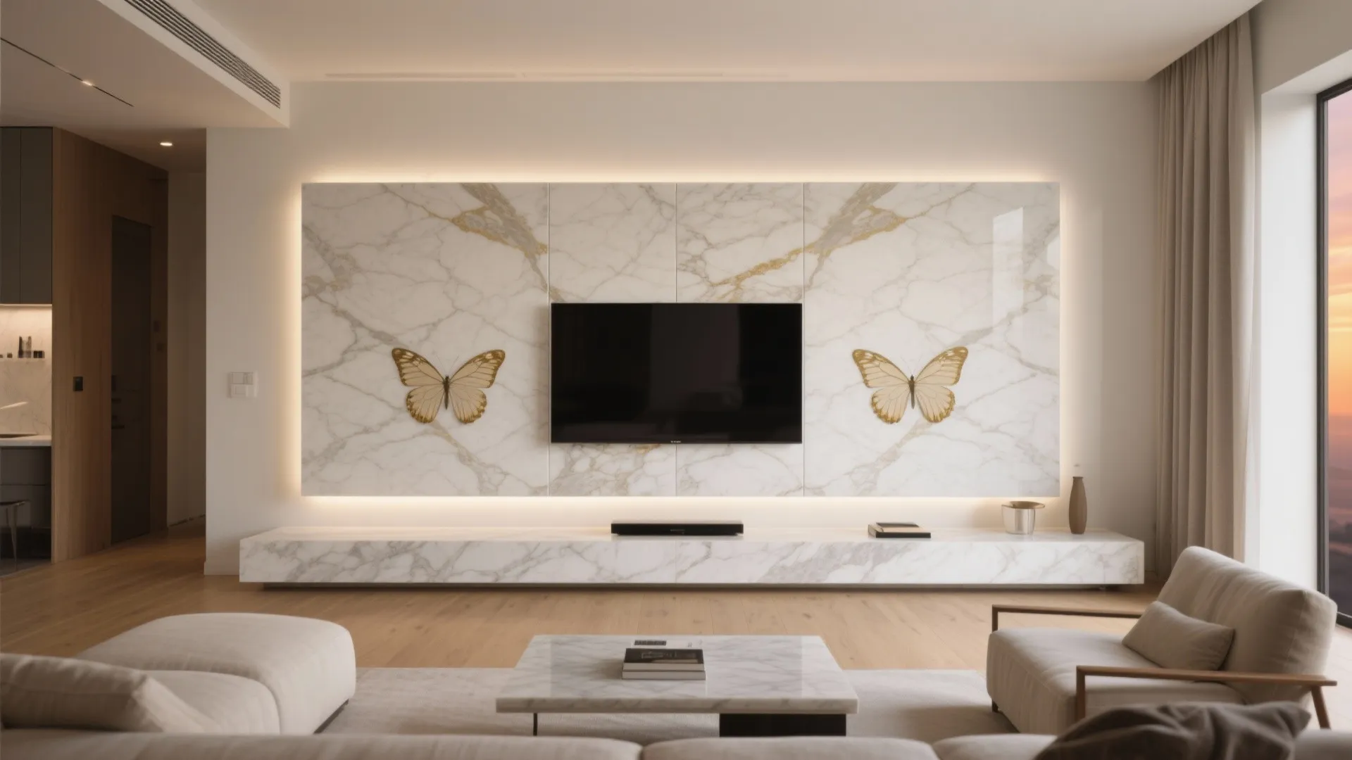 Modern living room with marble wall panel behind television two butterfly decorations and white sofa