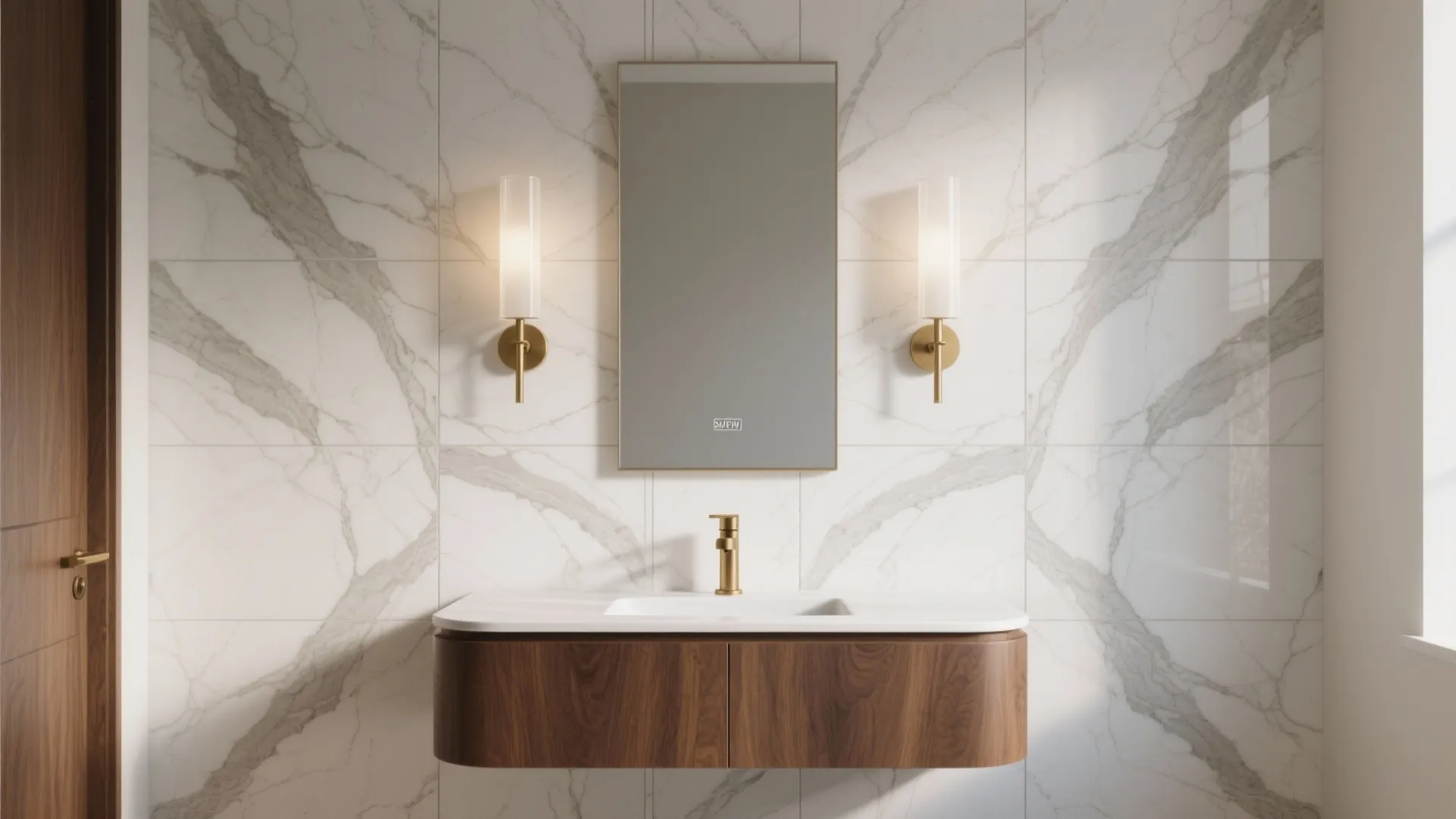 Bathroom vanity with wood cabinet rectangular mirror two wall lights and marble wall panel background