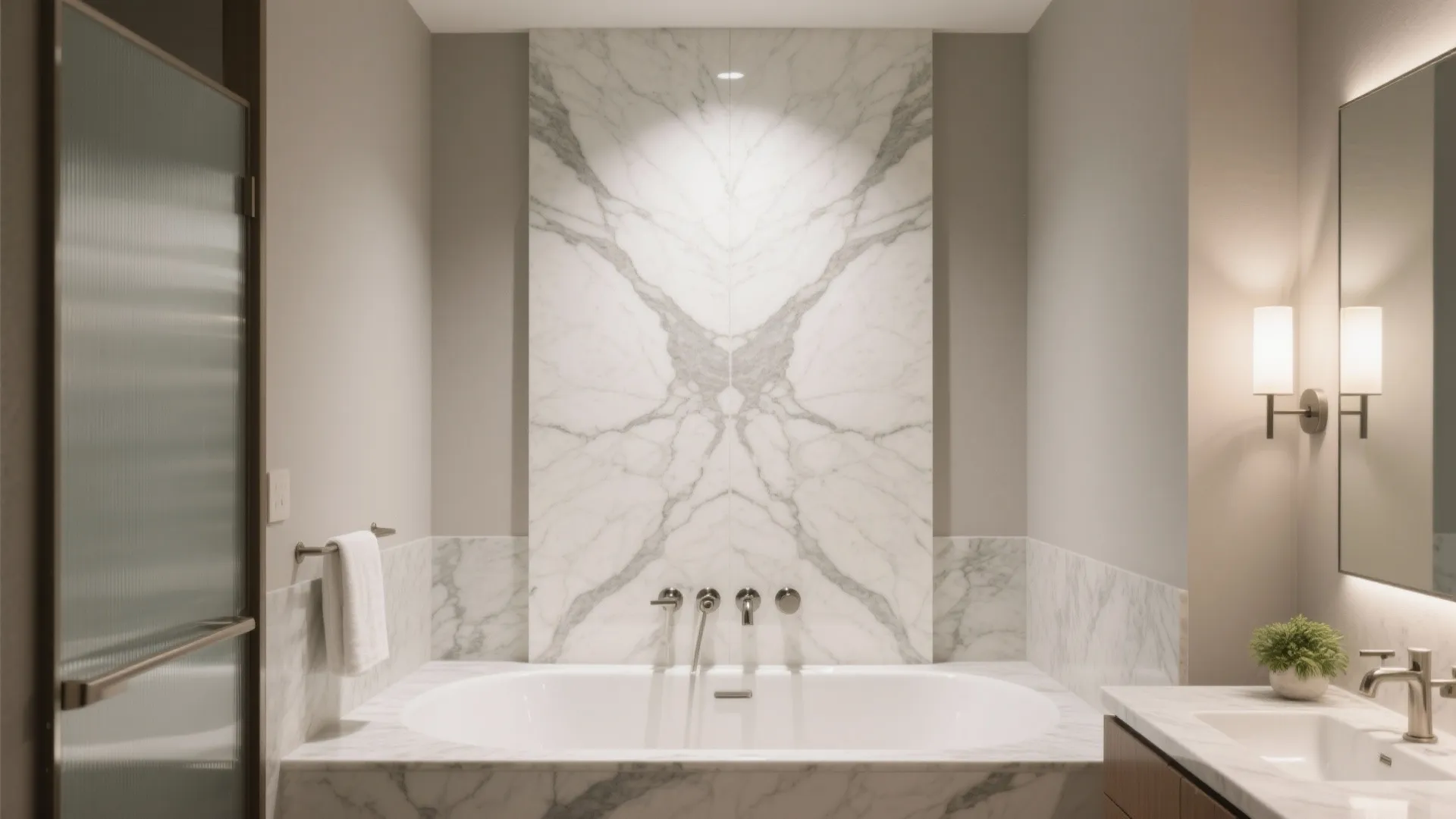 Bookmatched Slab Feature Wall in the Shower or Behind the Vanity