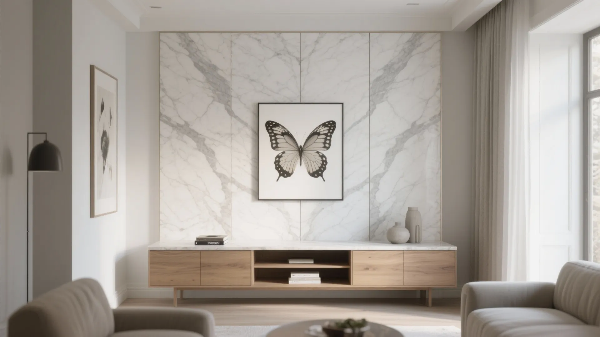 Bright living room showing marble wall panel with butterfly art print wooden cabinet and floor light