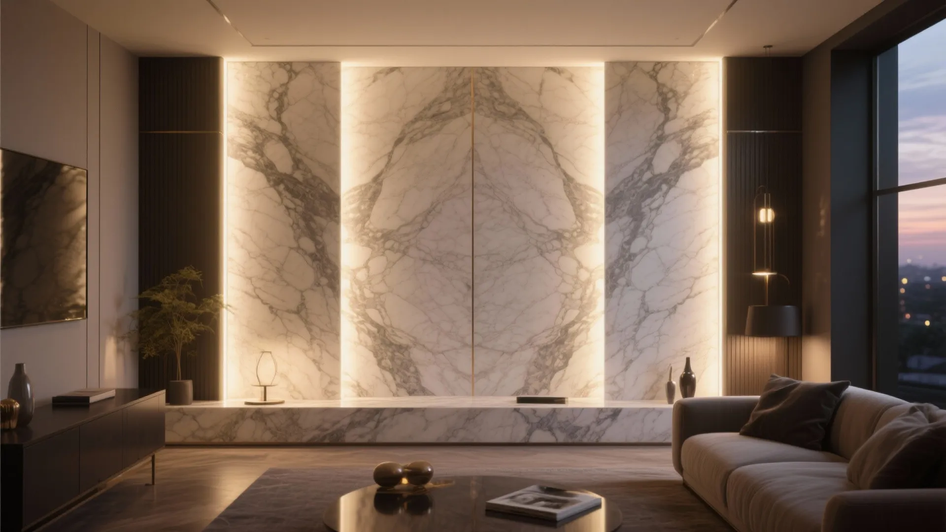 4. Backlit bookmatched marble for subtle luxury