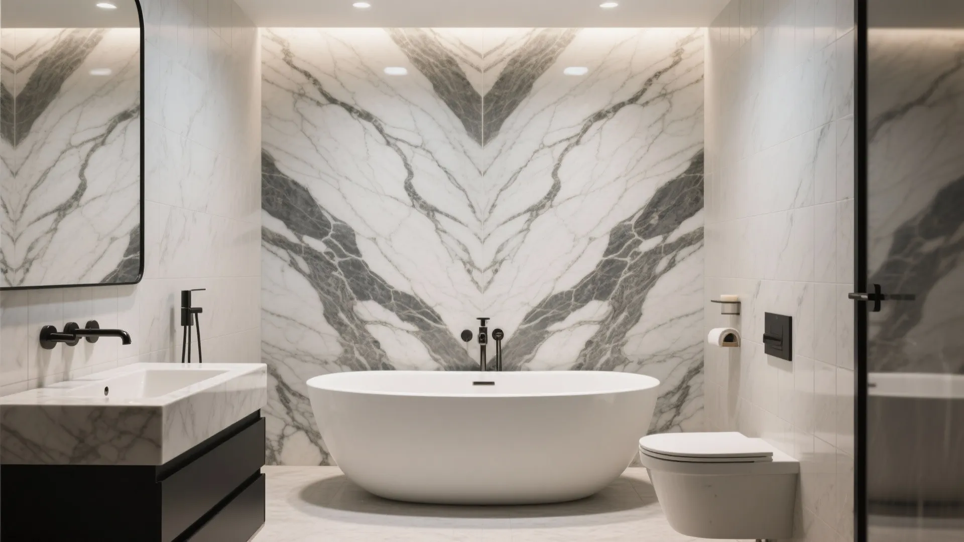 4) Bookmatched Marble Feature in the Bathroom