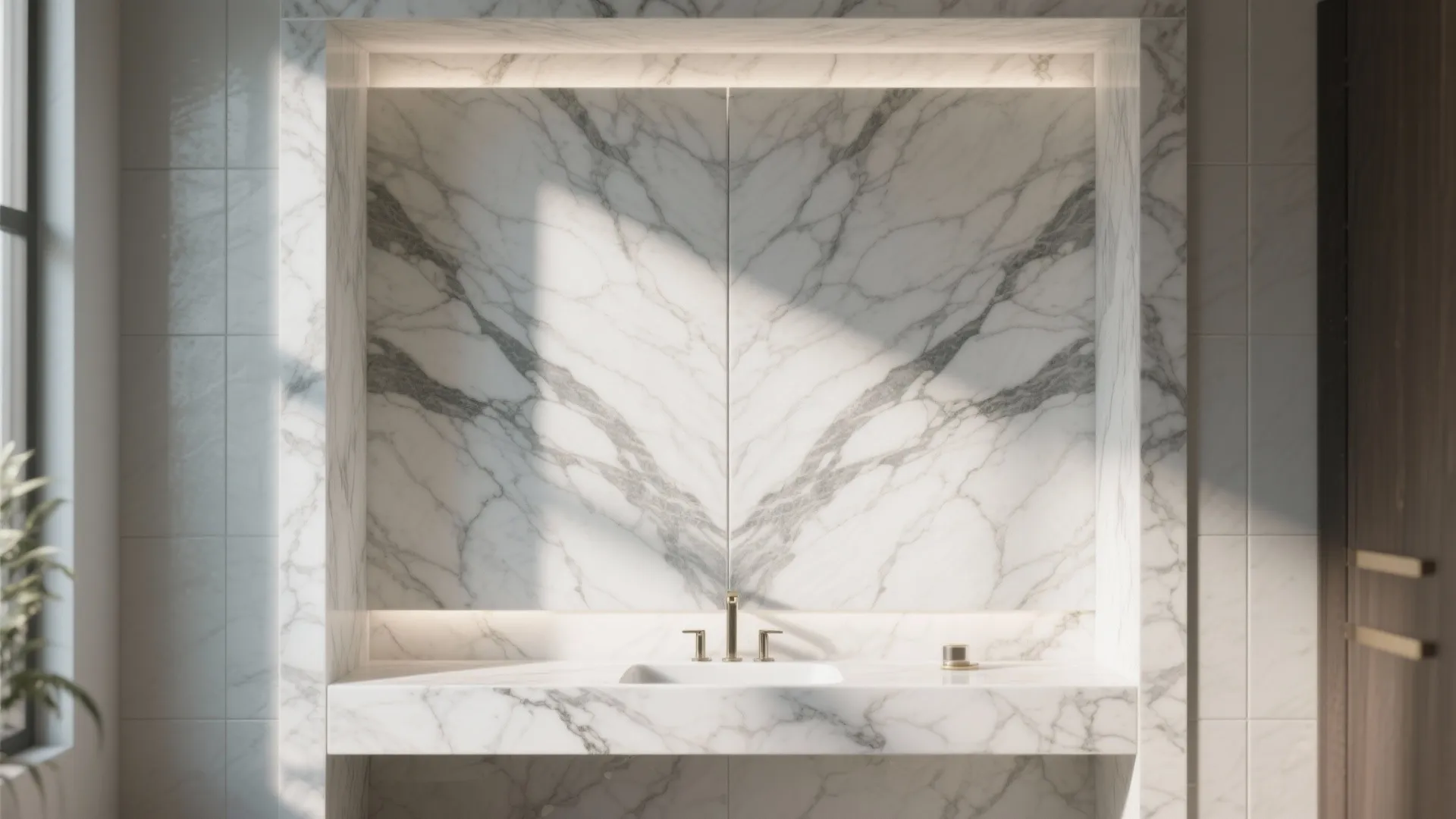 4. Bookmatched Marble as a Vanity Focal Point