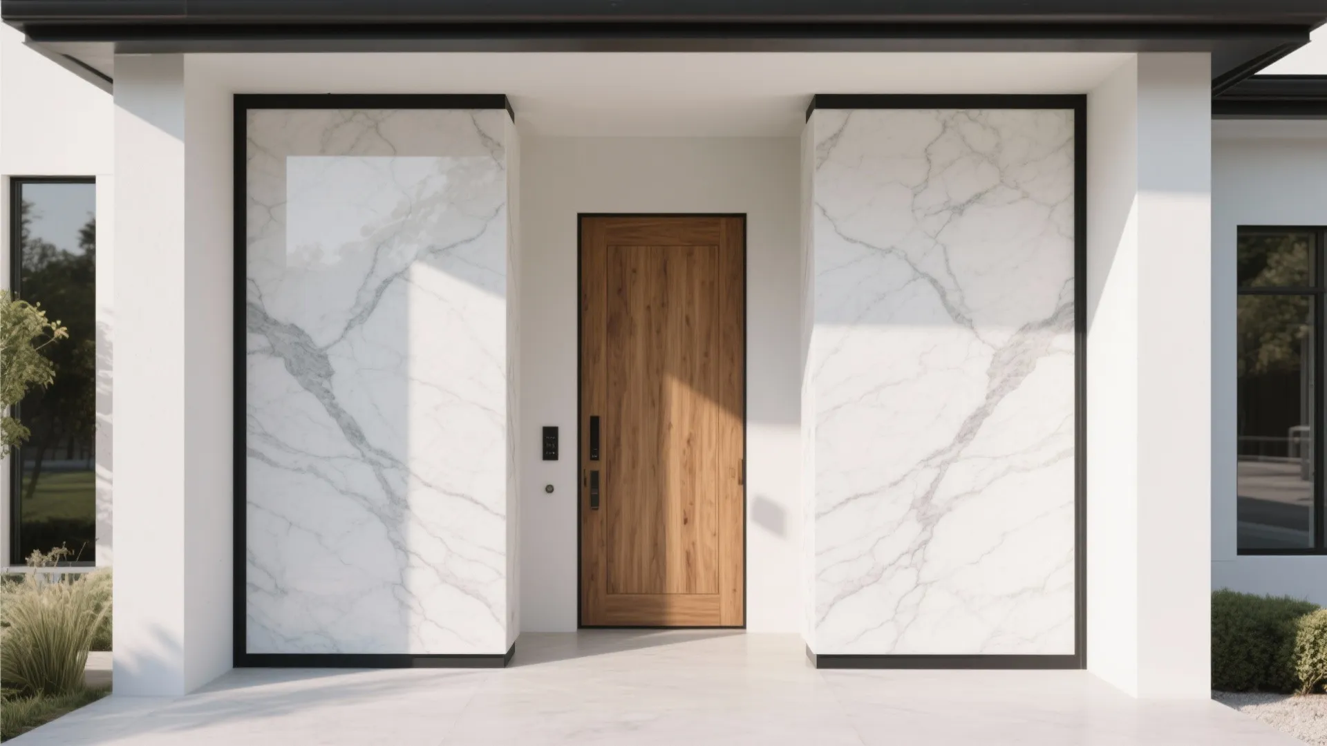 Modern house entrance featuring a wooden front door framed by two large white marble panels