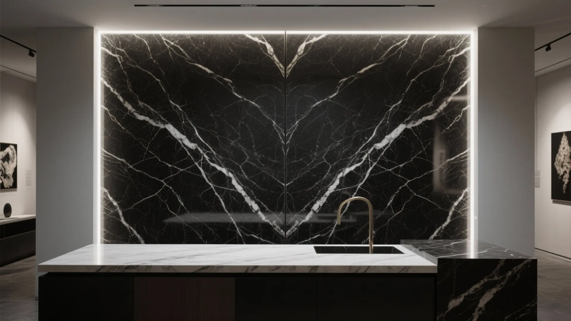 Modern kitchen with black marble wall panel and white countertop plus a gold water tap