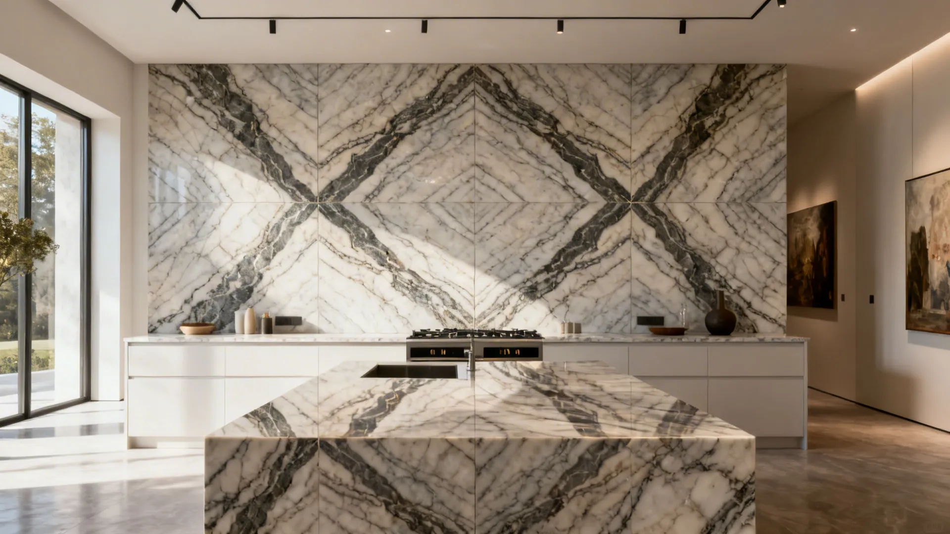 Luxurious kitchen with bookmatched granite creating a mirrored art-like pattern