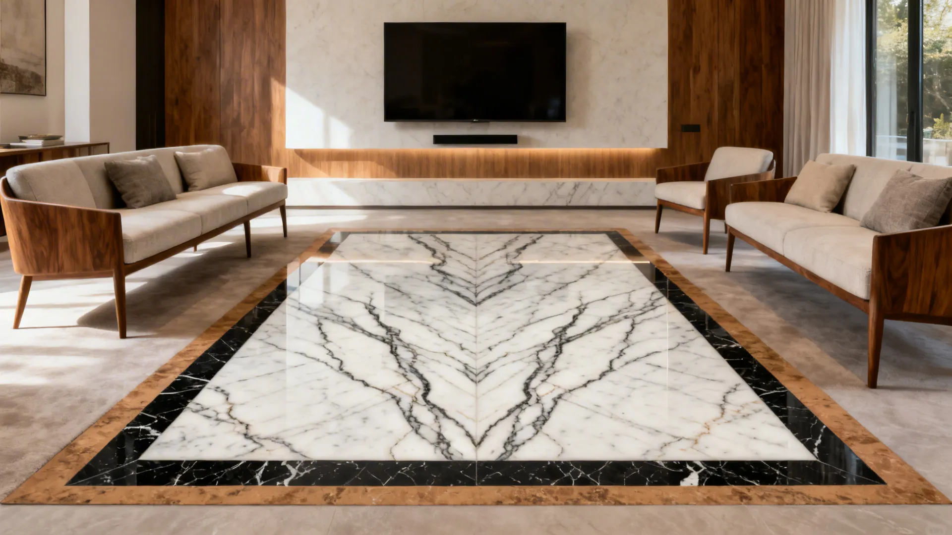 Modern living room with beige sofas and large stone pattern on the white polished tile floor