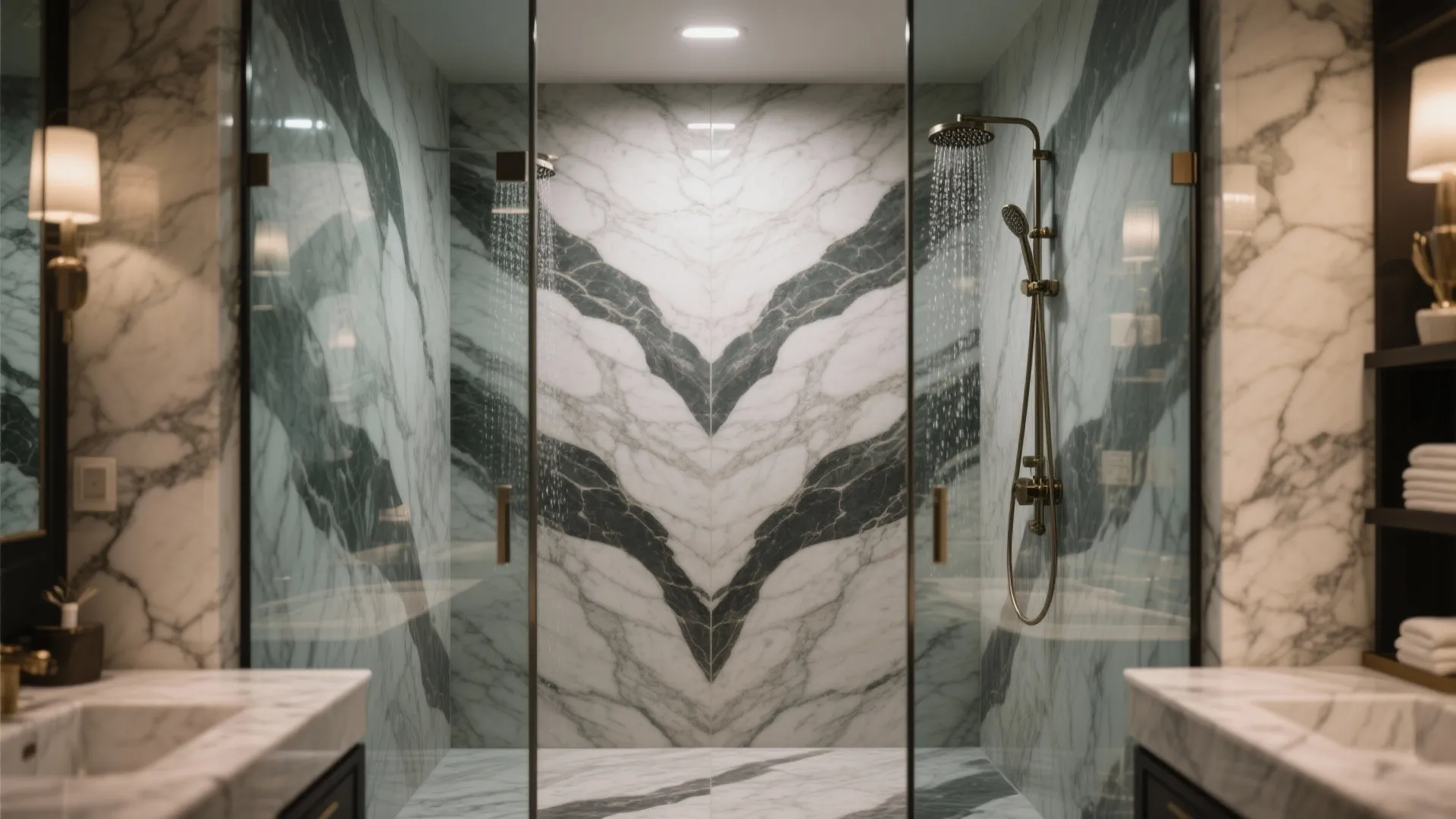 Modern walk-in shower with black and white marble walls plus a bronze colored shower head