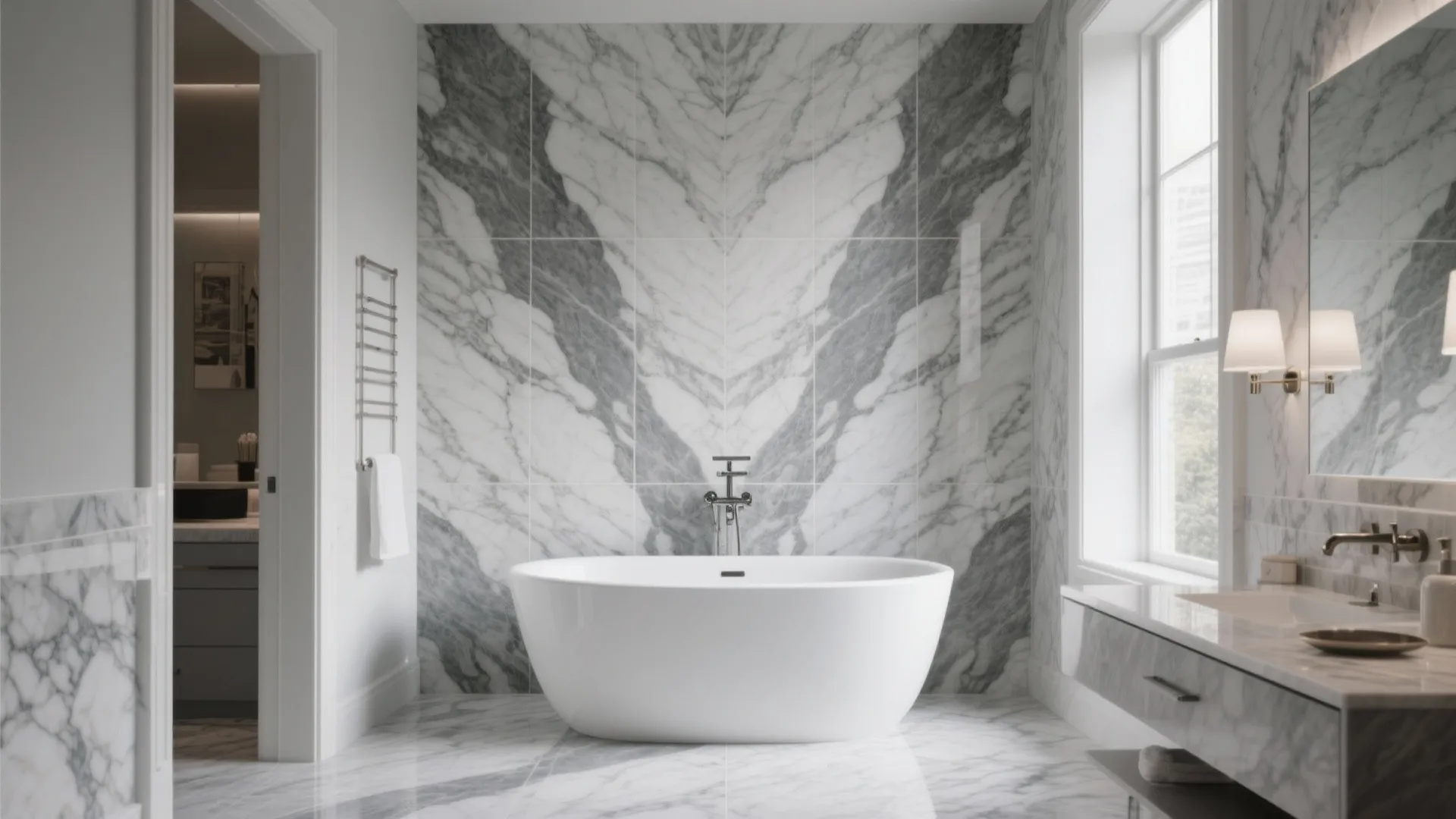 Bathroom with a bookmatched marble feature wall behind tub