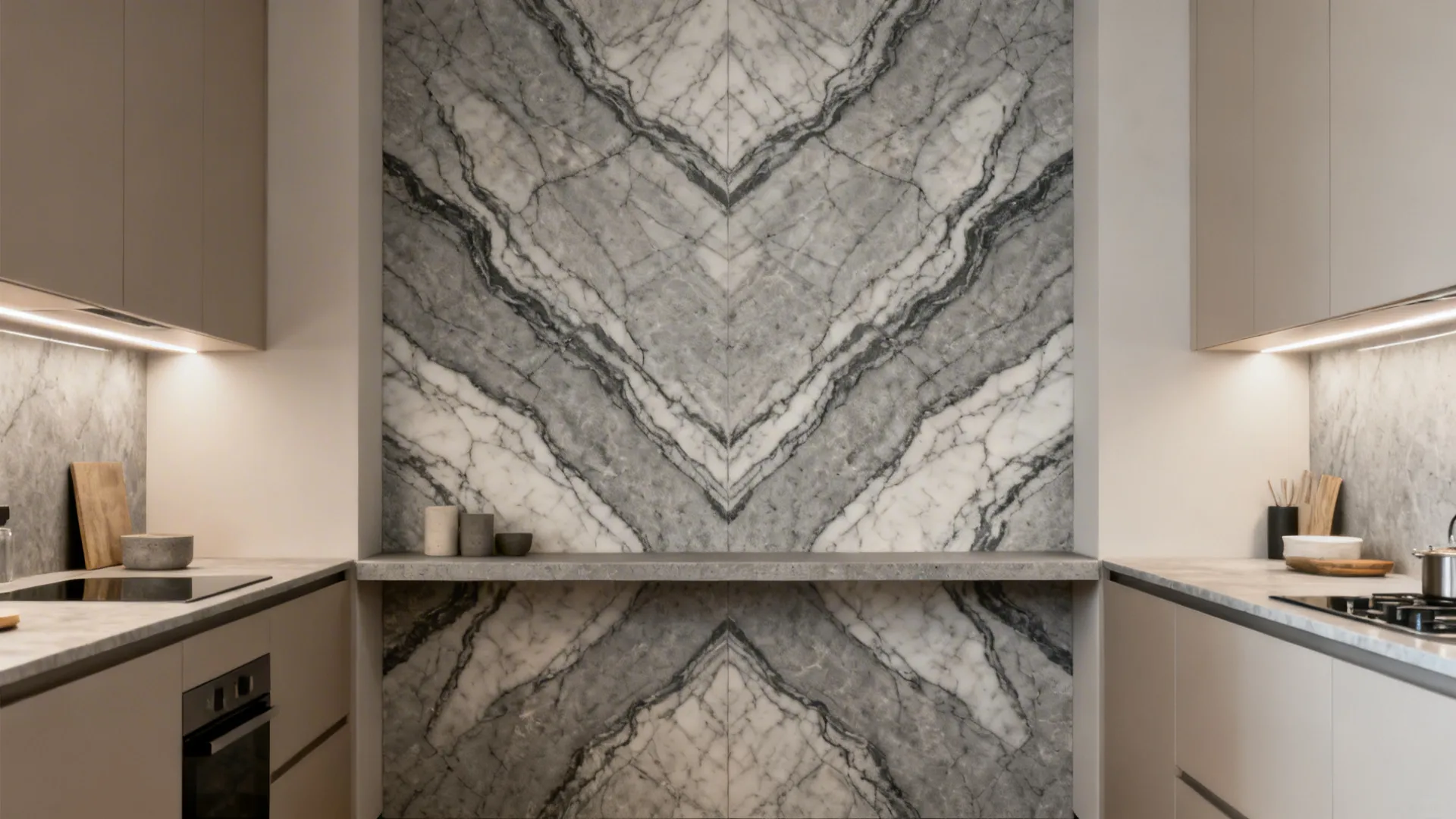 Compact kitchen with a book-matched grey marble feature wall and floating shelf