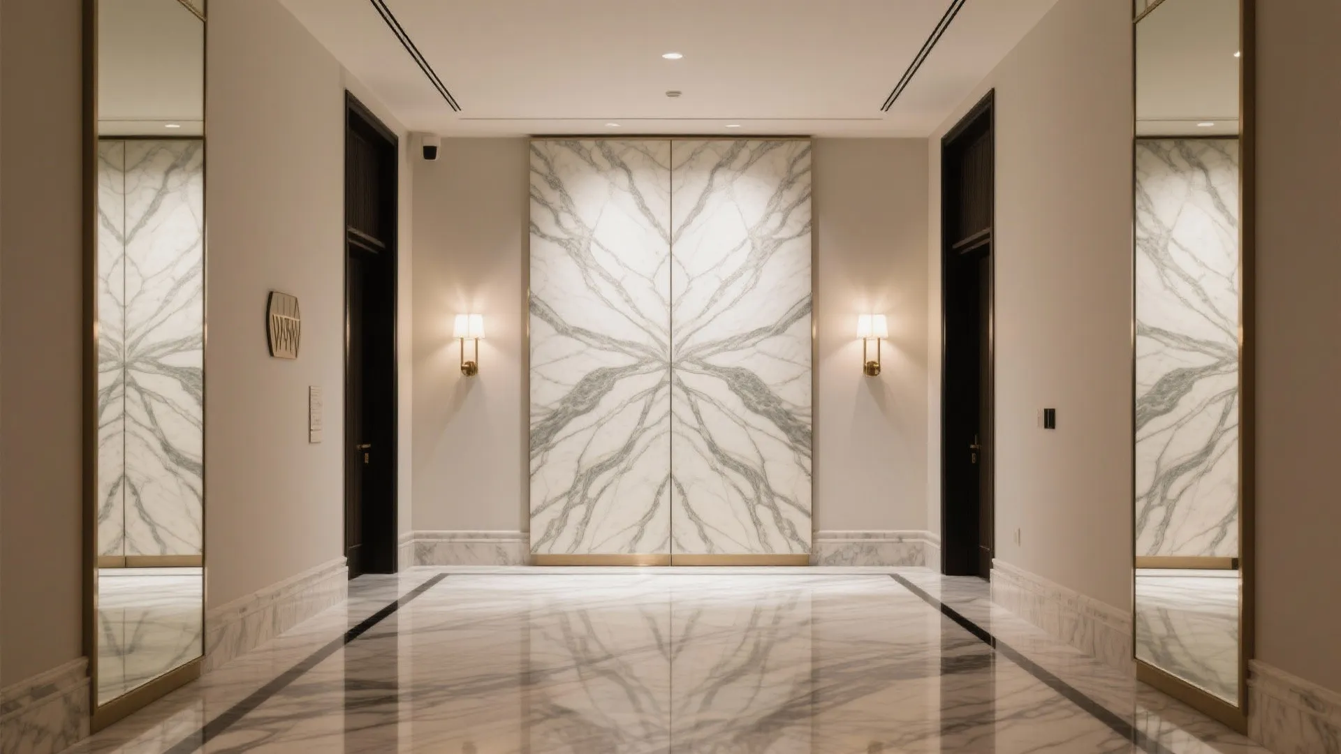 3) Bookmatched marble panels for a gallery feel