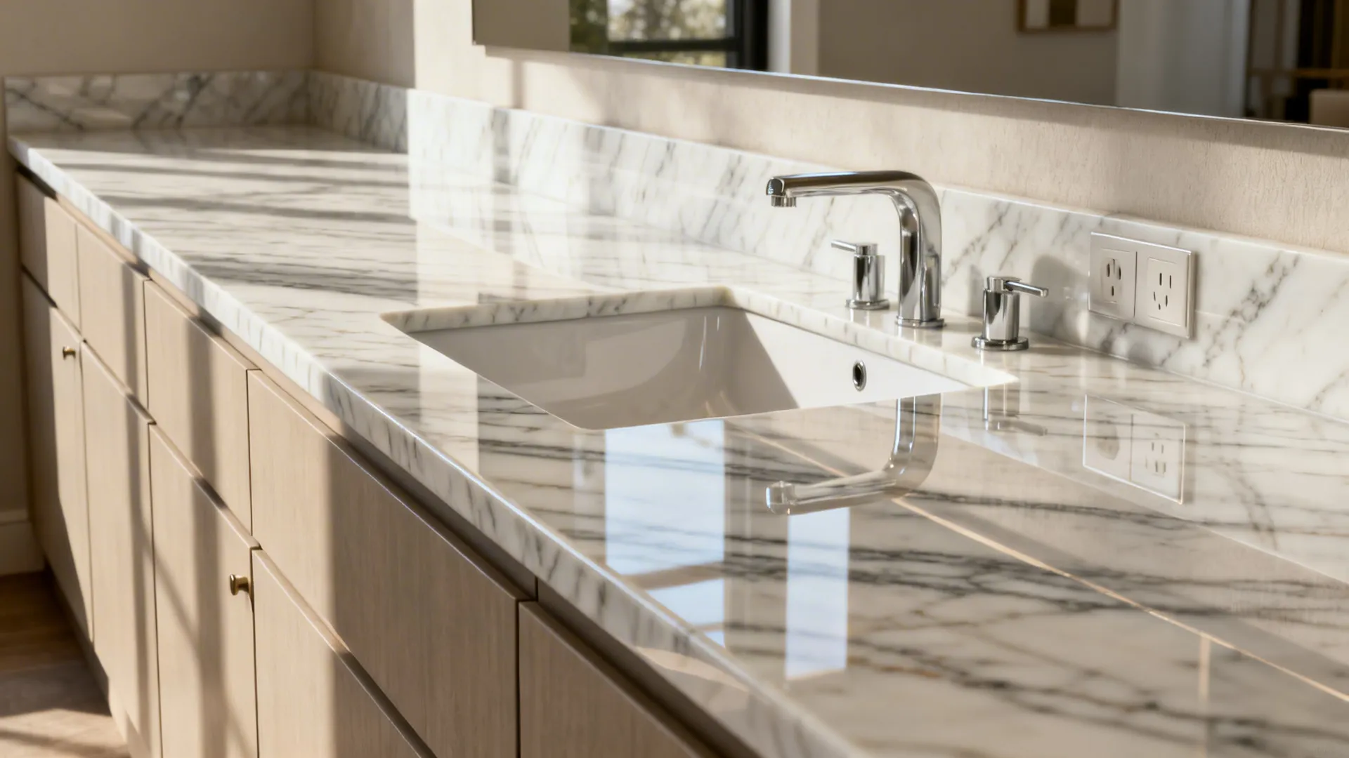 Galley kitchen with bookmatched porcelain slab veining that visually expands the counter run.