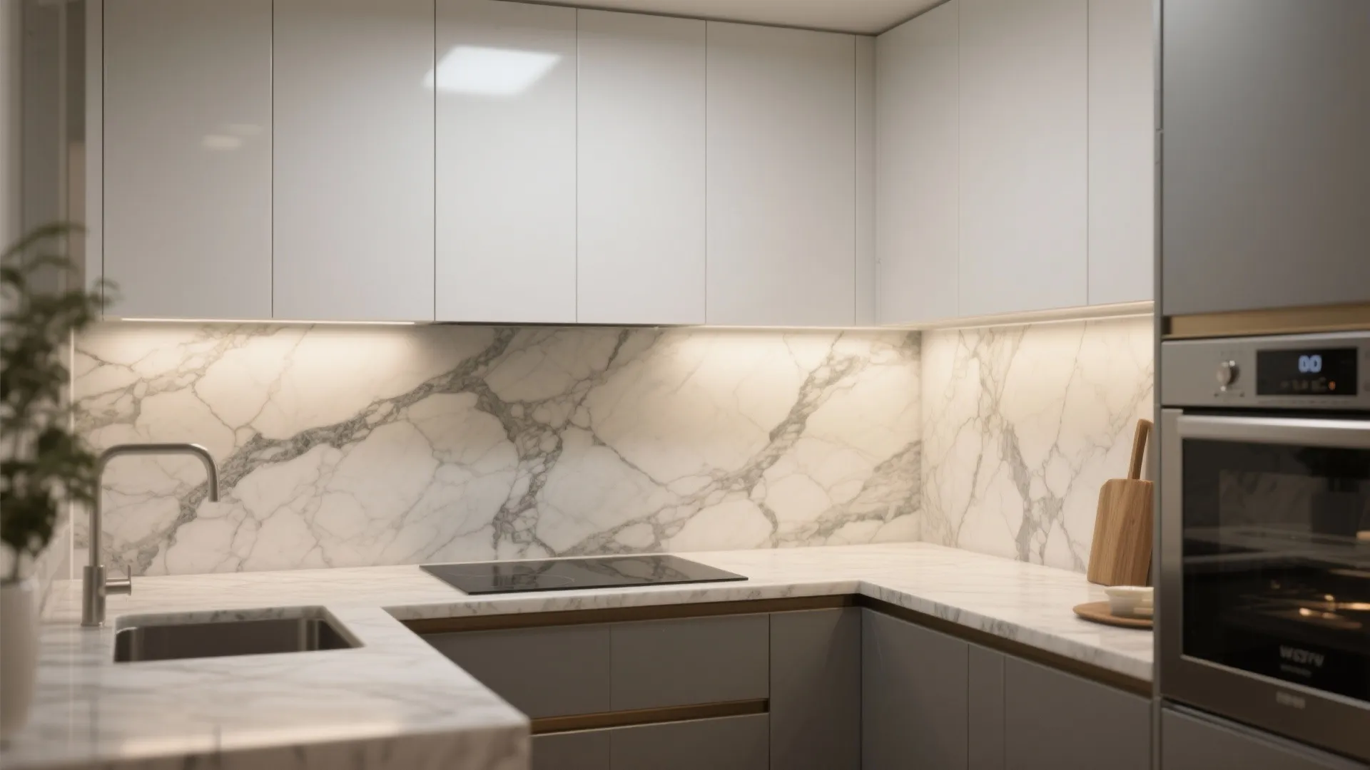 Bookmatched quartz slab as countertop and full-height backsplash next to white cabinets