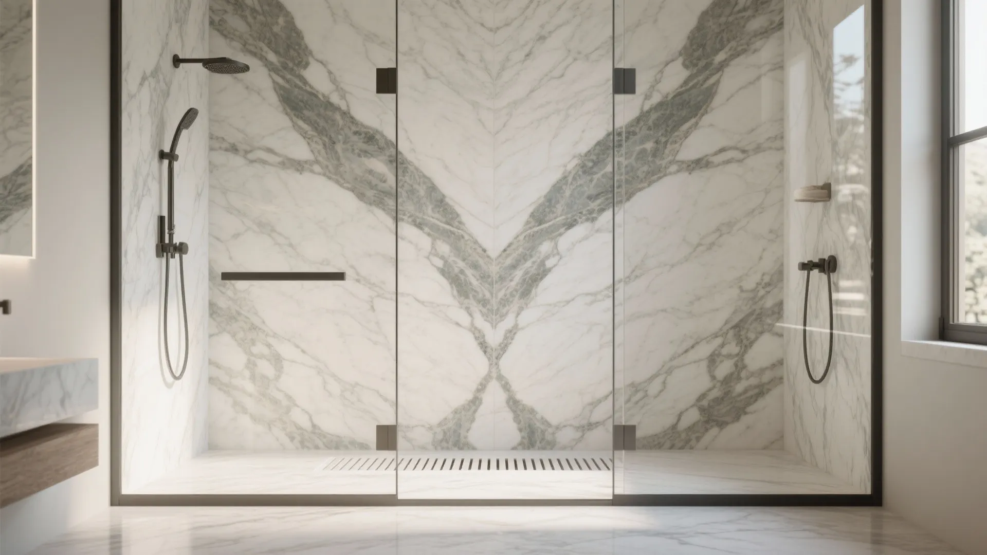 Bookmatched shower walls for hotel-level drama