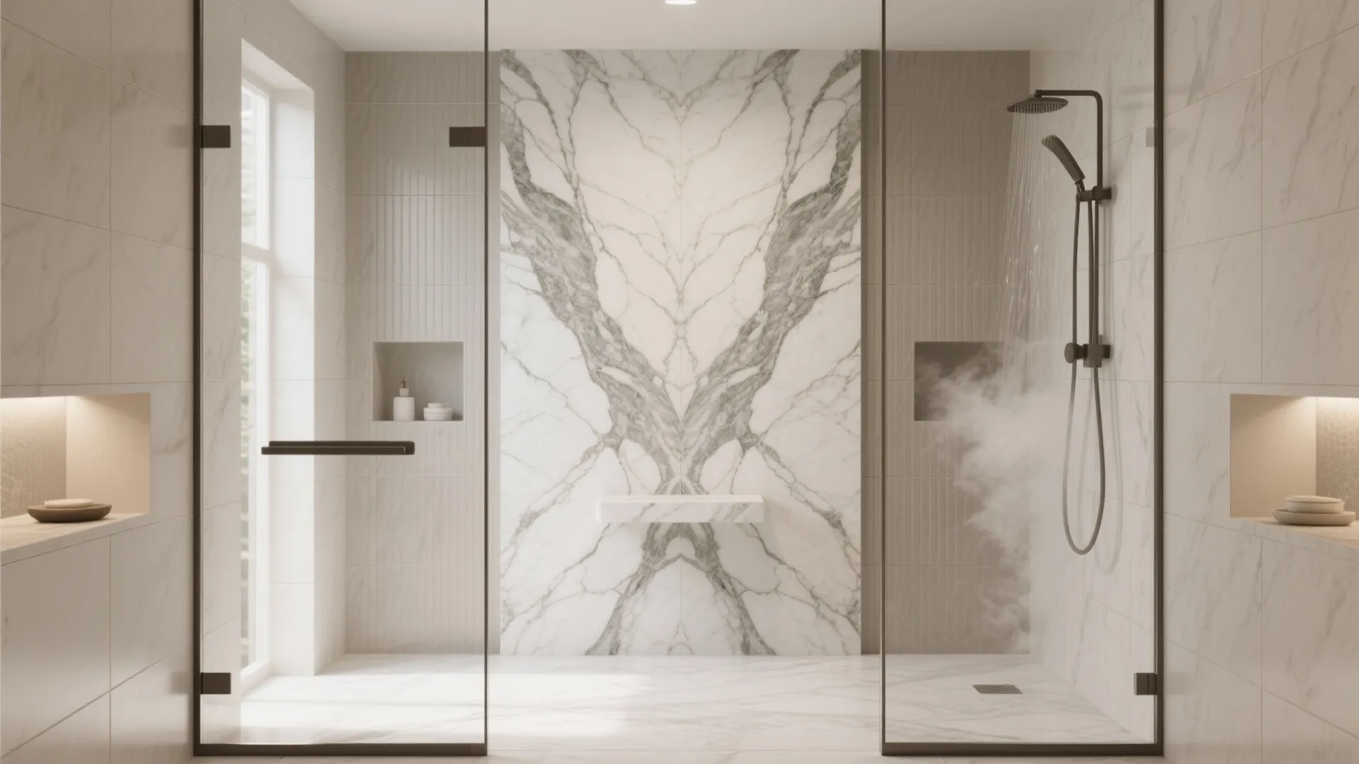Bookmatched Marble Feature Wall In The Shower