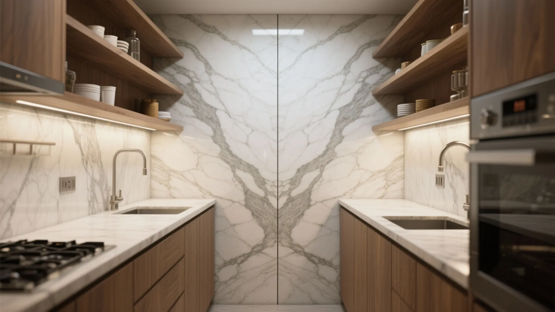 Bookmatched marble slab backsplash with mirrored veins across the seam in a compact galley kitchen.