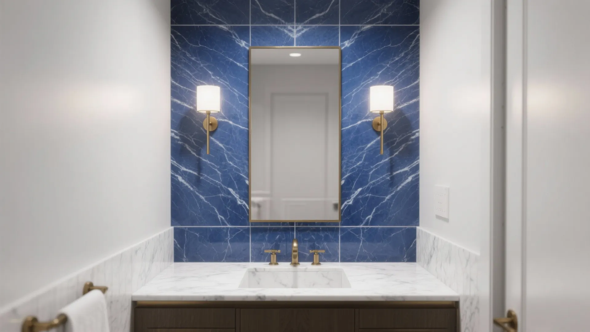 Bookmatched Blue Marble Vanity Backsplash