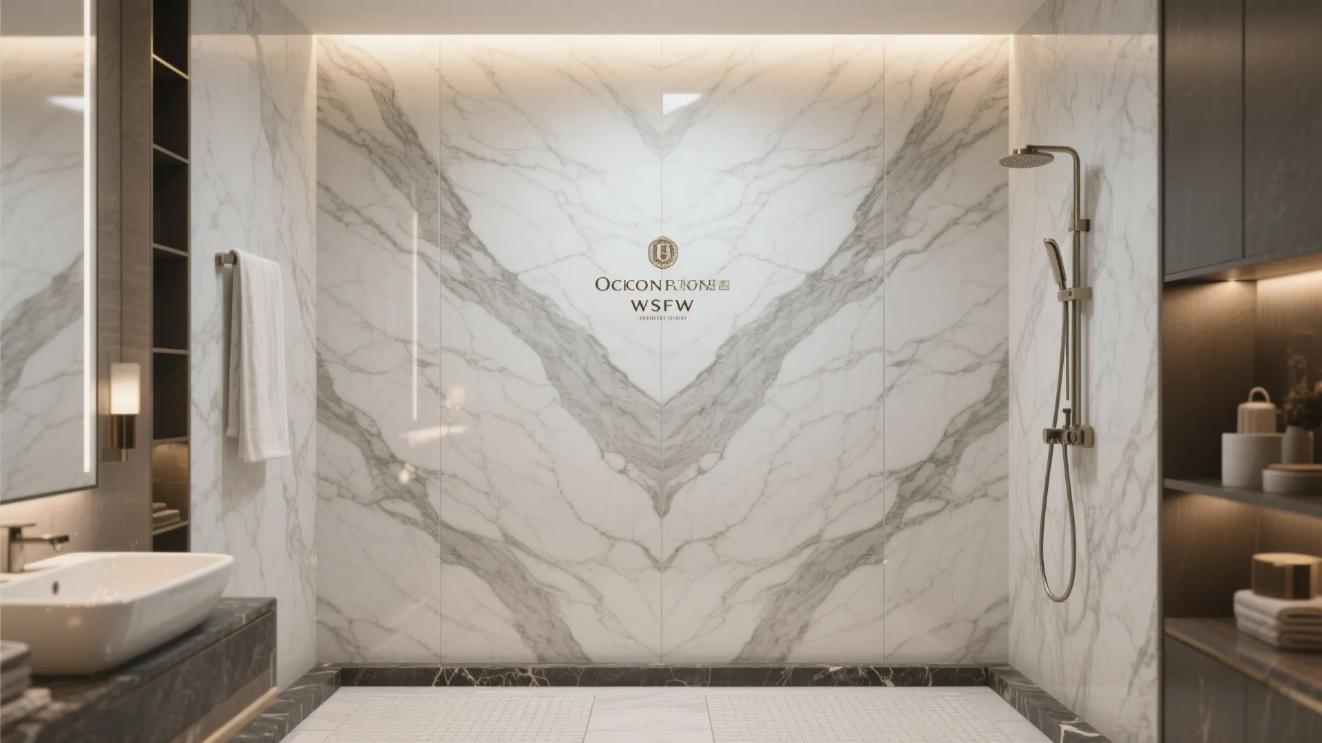 Luxury shower area with large marble wall panels and a modern metal shower head fixture