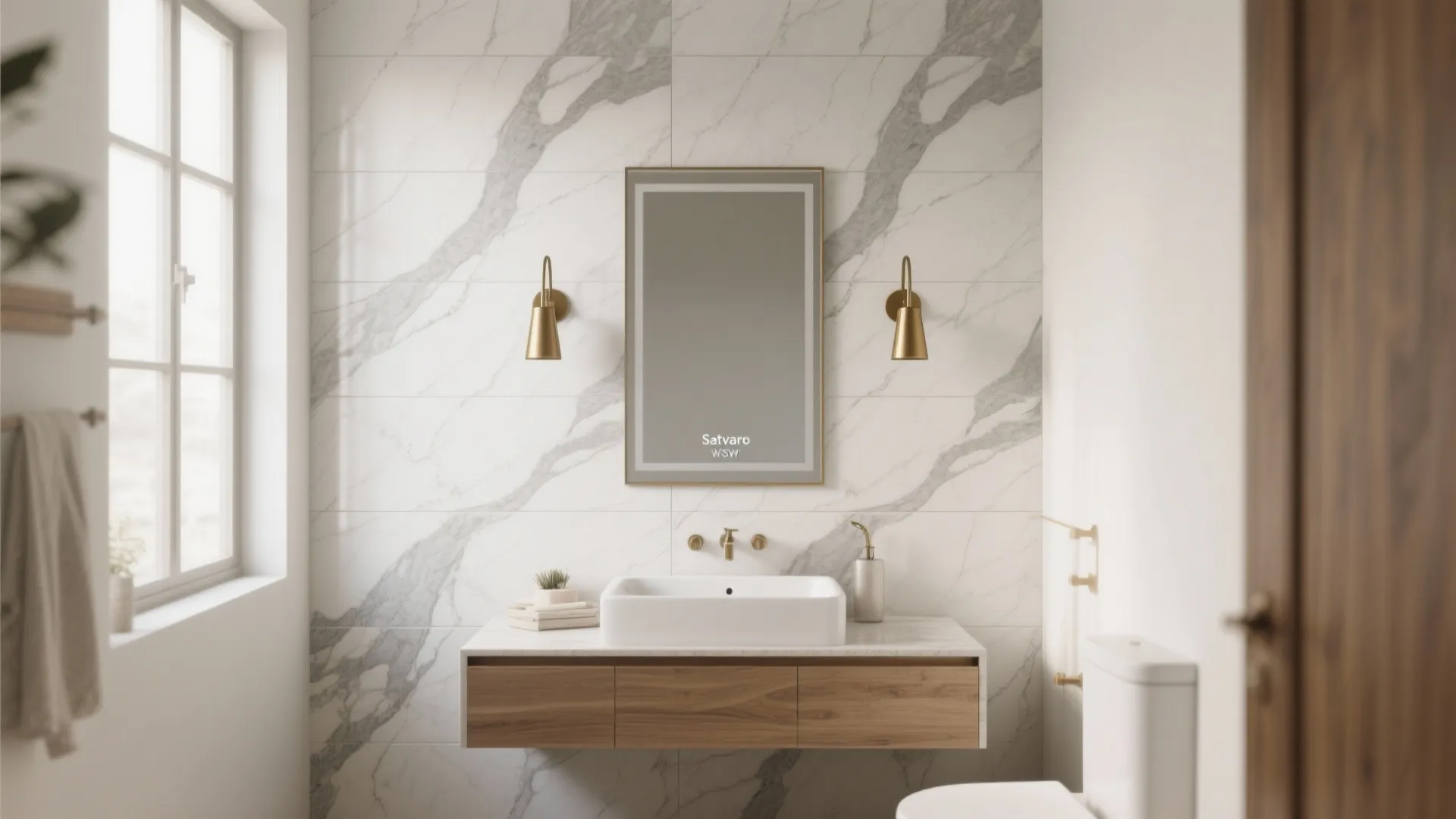 Modern bathroom featuring marble wall tiles gold wall lights rectangular mirror and wooden floating cabinet