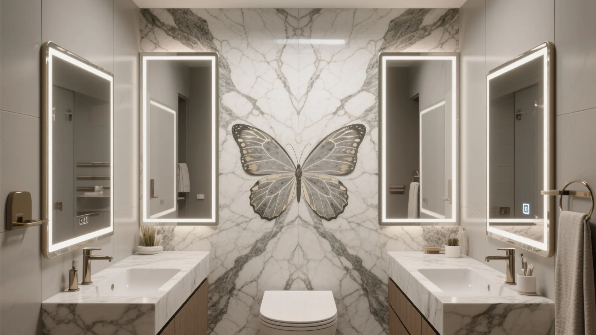 Bathroom with a bookmatched Statuario marble feature wall and an LED mirror as the focal point.