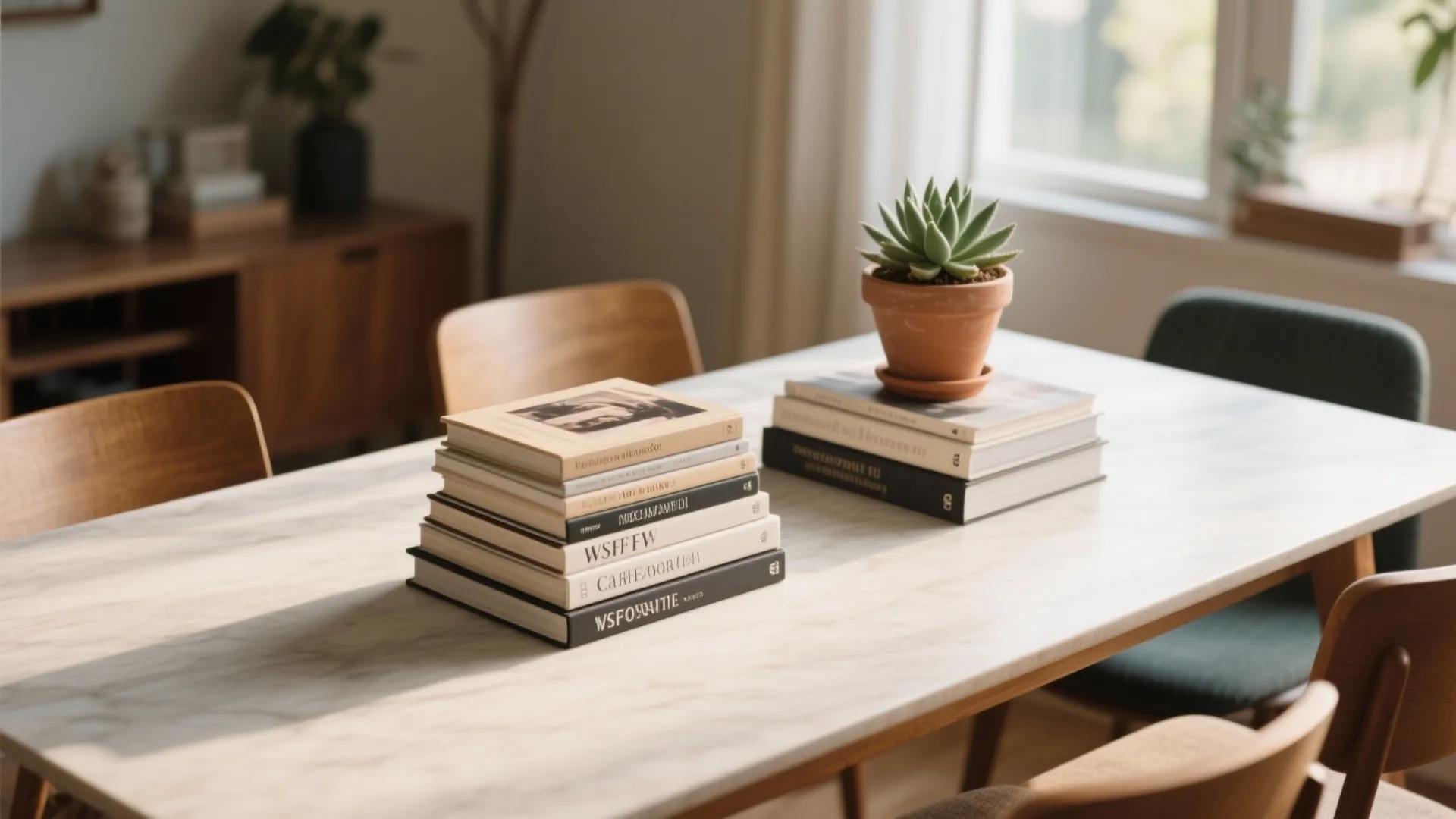 Stacked books with potted succulent on dining table