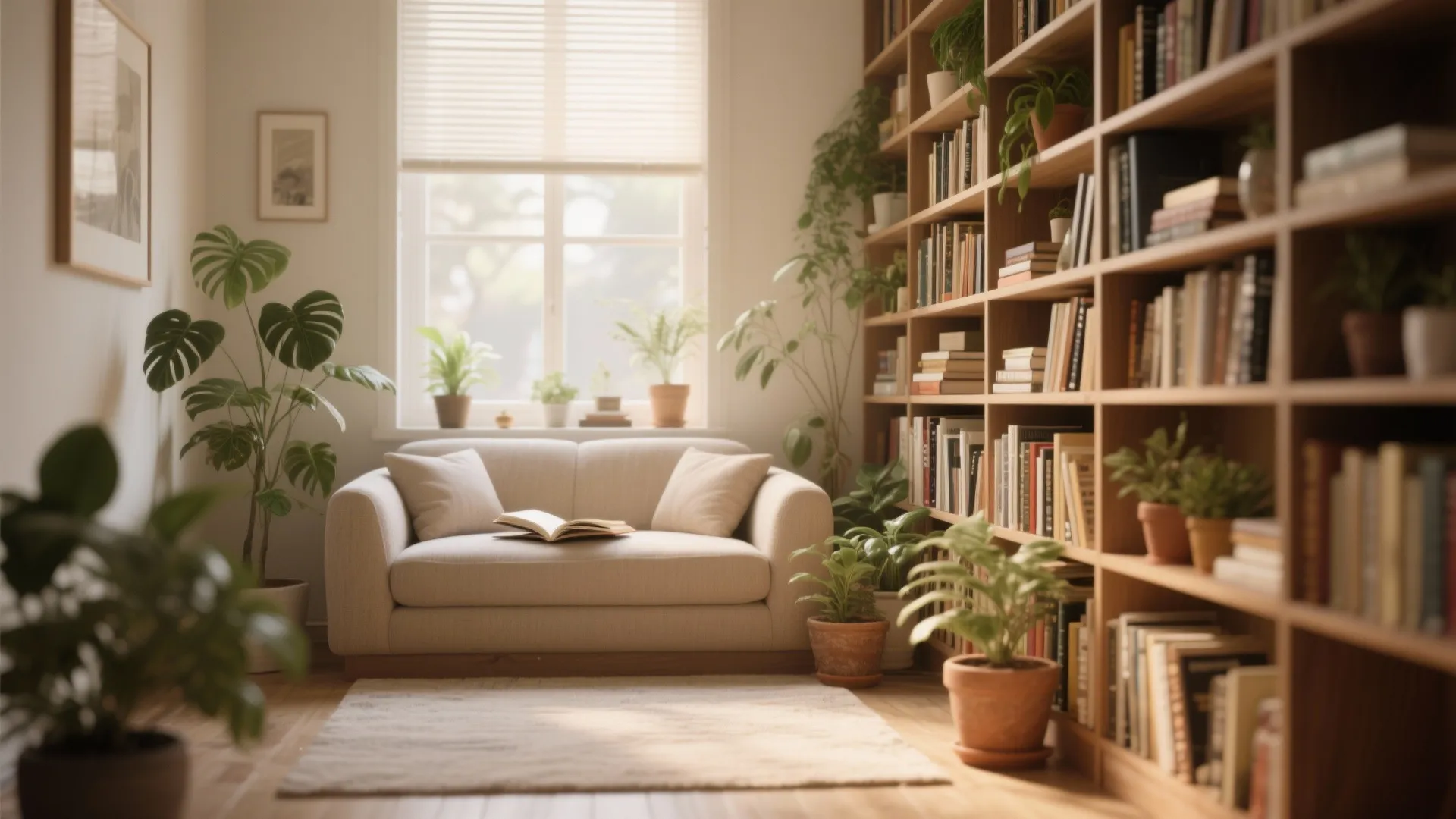Bookshelf with books and green plants
