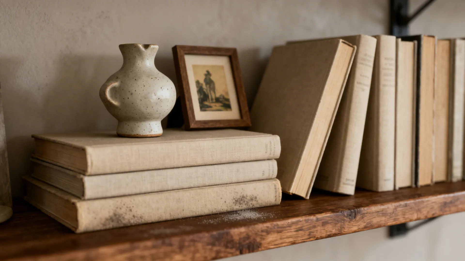 Close-up of books stacked horizontally and vertically with a small ceramic sculpture and framed print on a wood shelf.