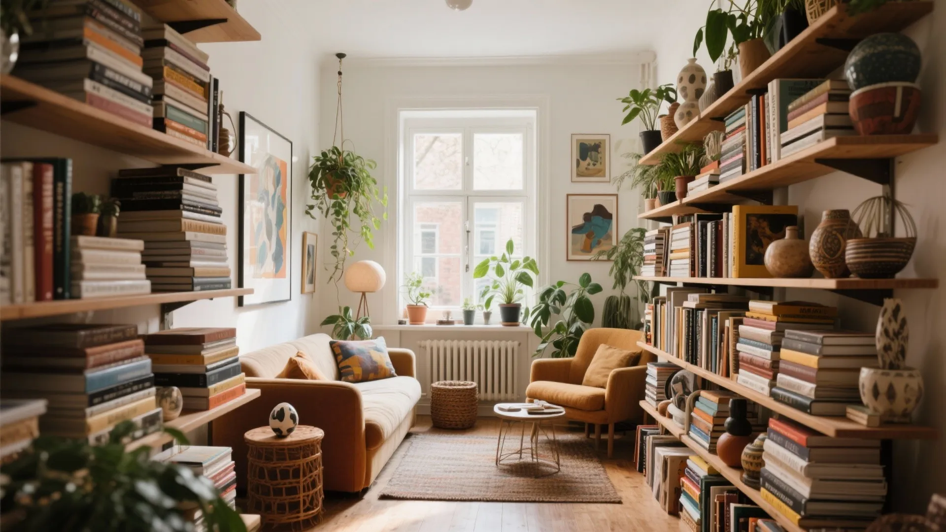 Bookshelves styled with art books, plants, and decor