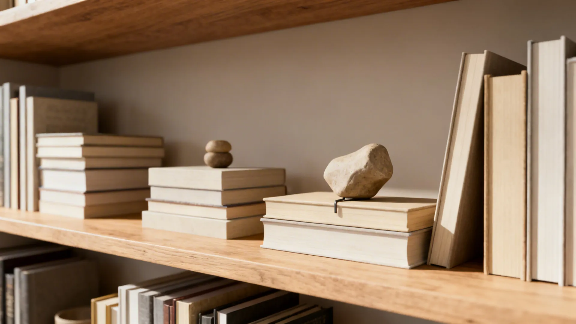 Open shelf showing books stacked horizontally and vertically with objects placed on top for balance.