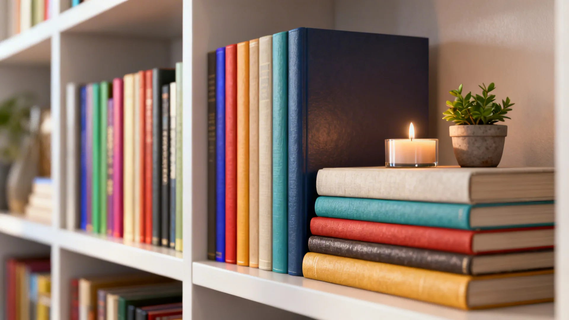 Close-up of books arranged by color with a horizontal stack holding a small plant and candle.