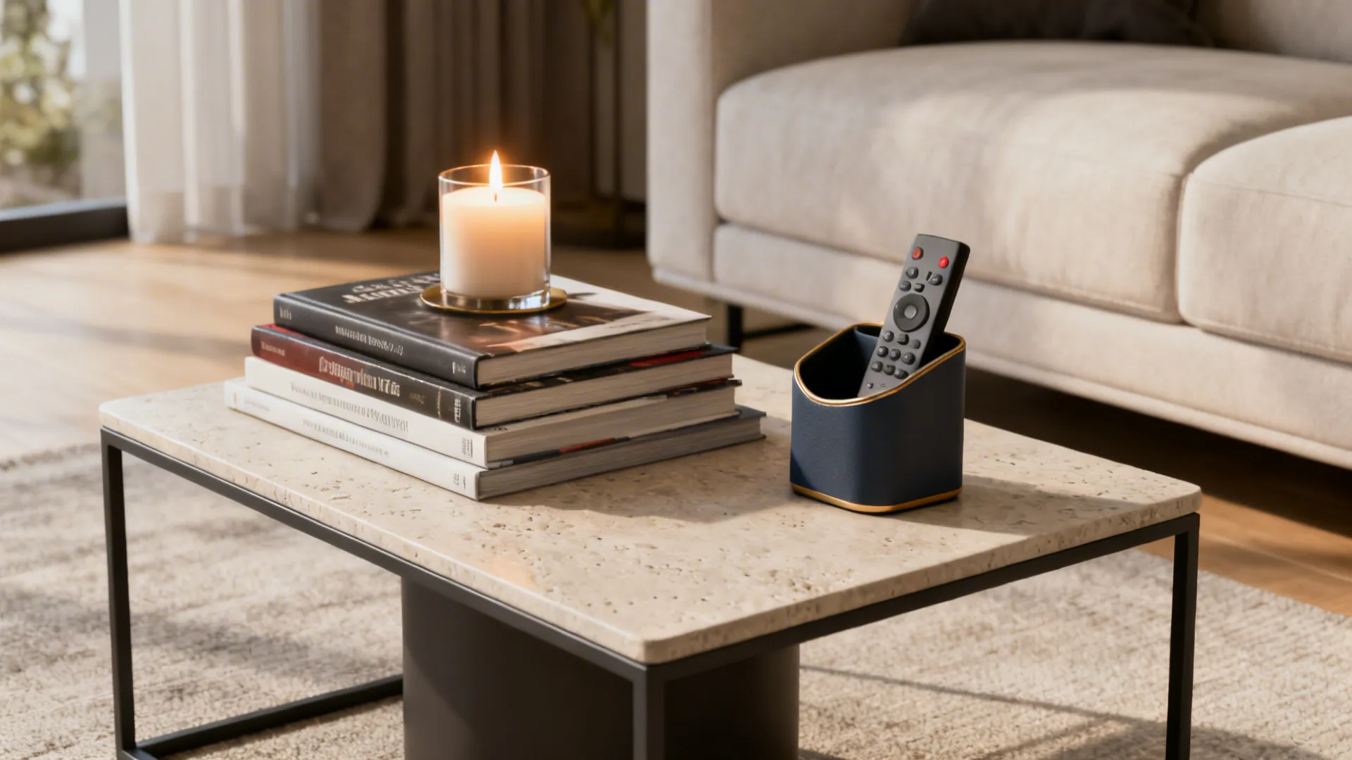 Small coffee table with a stack of books topped by a candle and a remote caddy in a minimalist living room