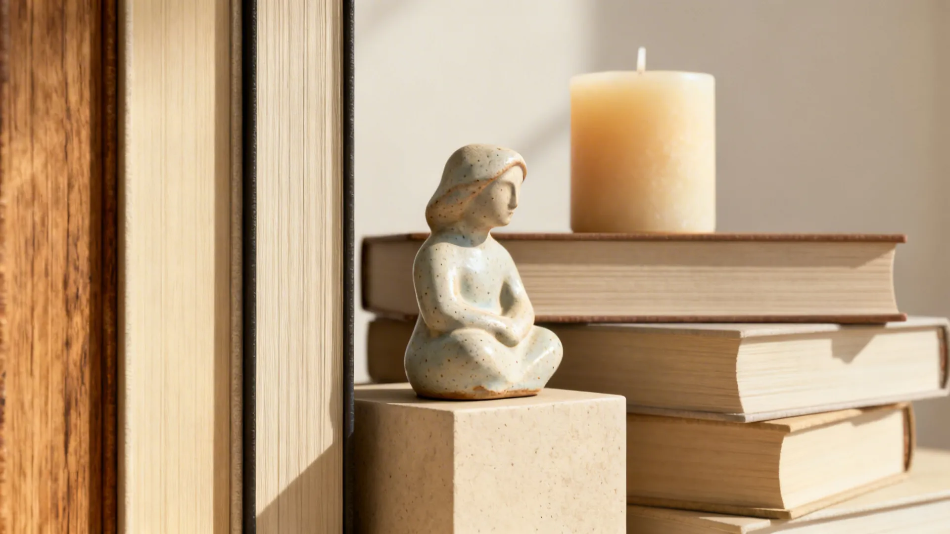 Small ceramic statue sitting on stone block next to horizontal stacks of books and candle