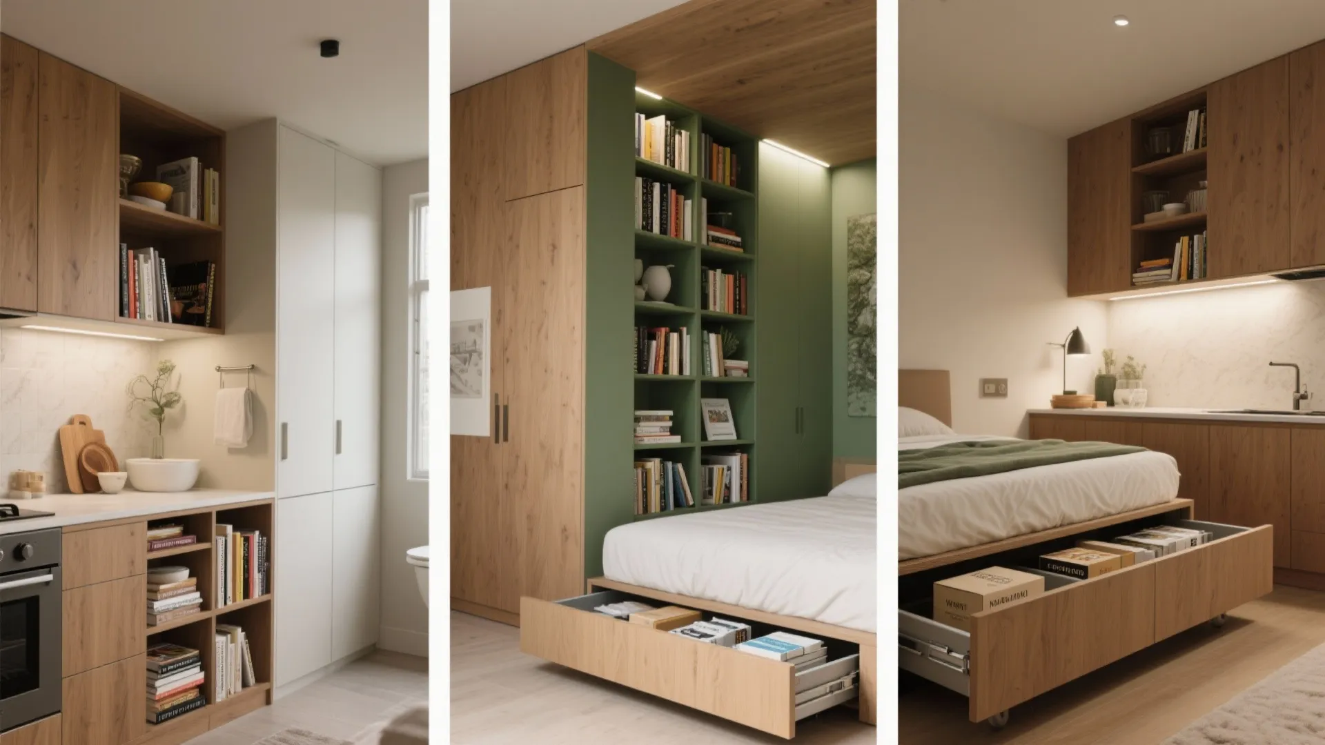 Small apartment interior design drawing showing clever storage solutions in kitchen bedroom and under bed drawers