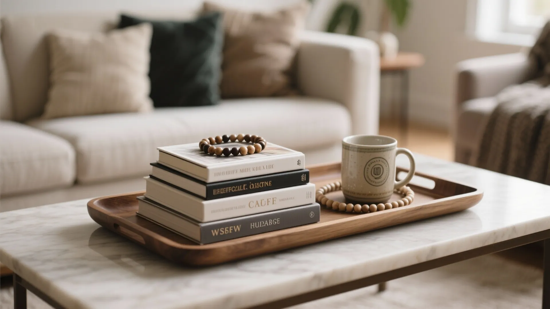 Wooden tray on marble coffee table with a stack of books, ceramic mug, and beads