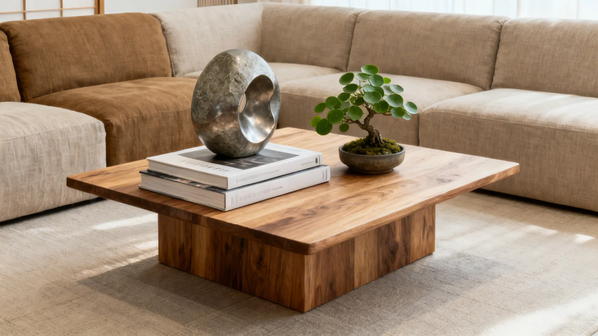 Centre table with stacked art books, a sculptural accent, and a small potted plant in a serene modern living room.