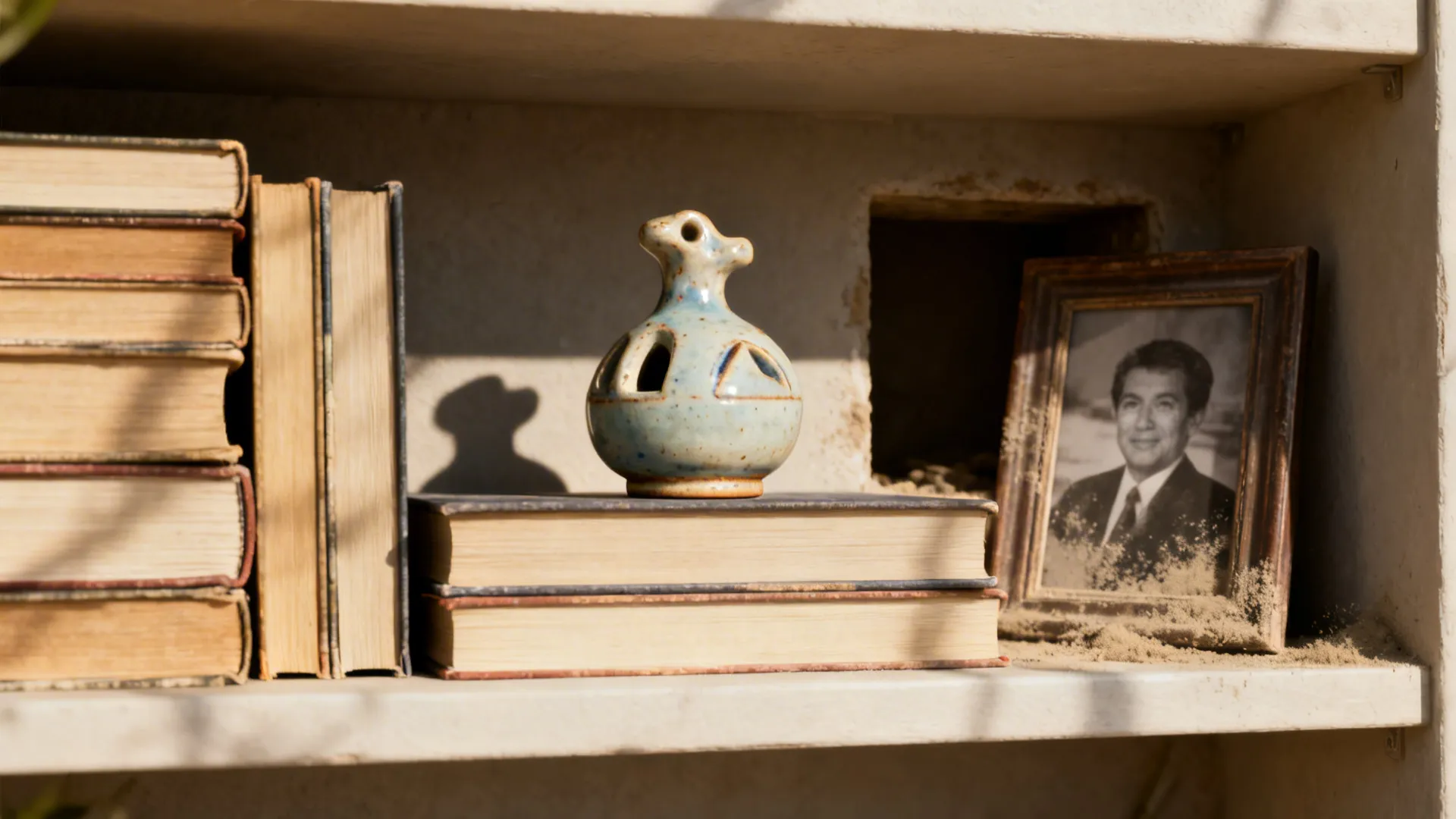 Shelf close-up with layered books and a small sculpture atop a horizontal stack.