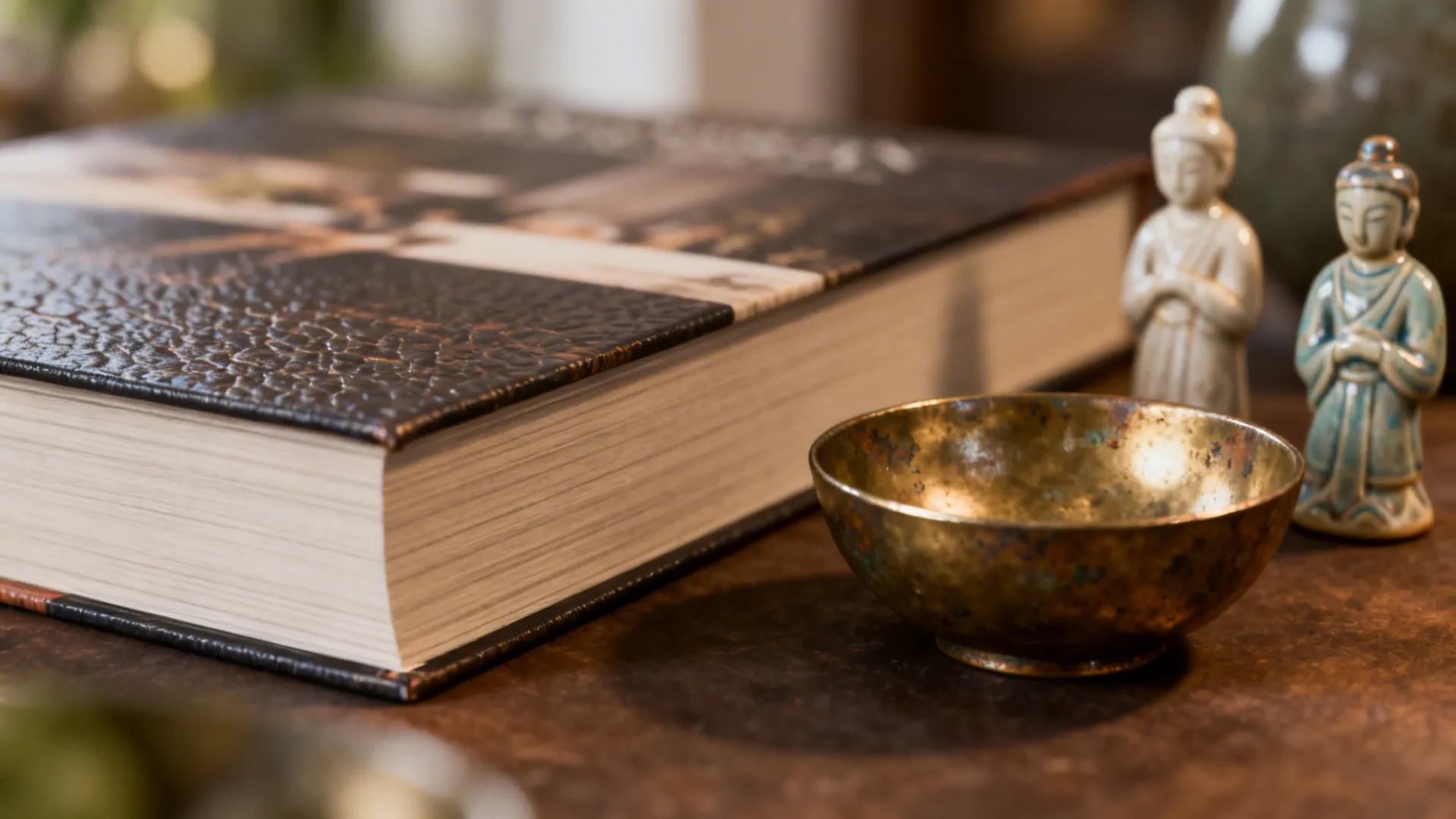 Book stack topped with a brass bowl and ceramic figure on a coffee table