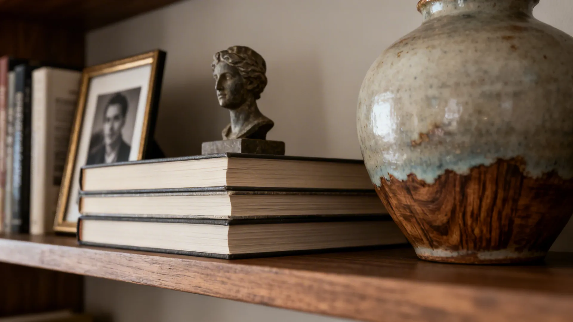 Close-up of art books topped with a small sculpture, a framed photo and a ceramic vase