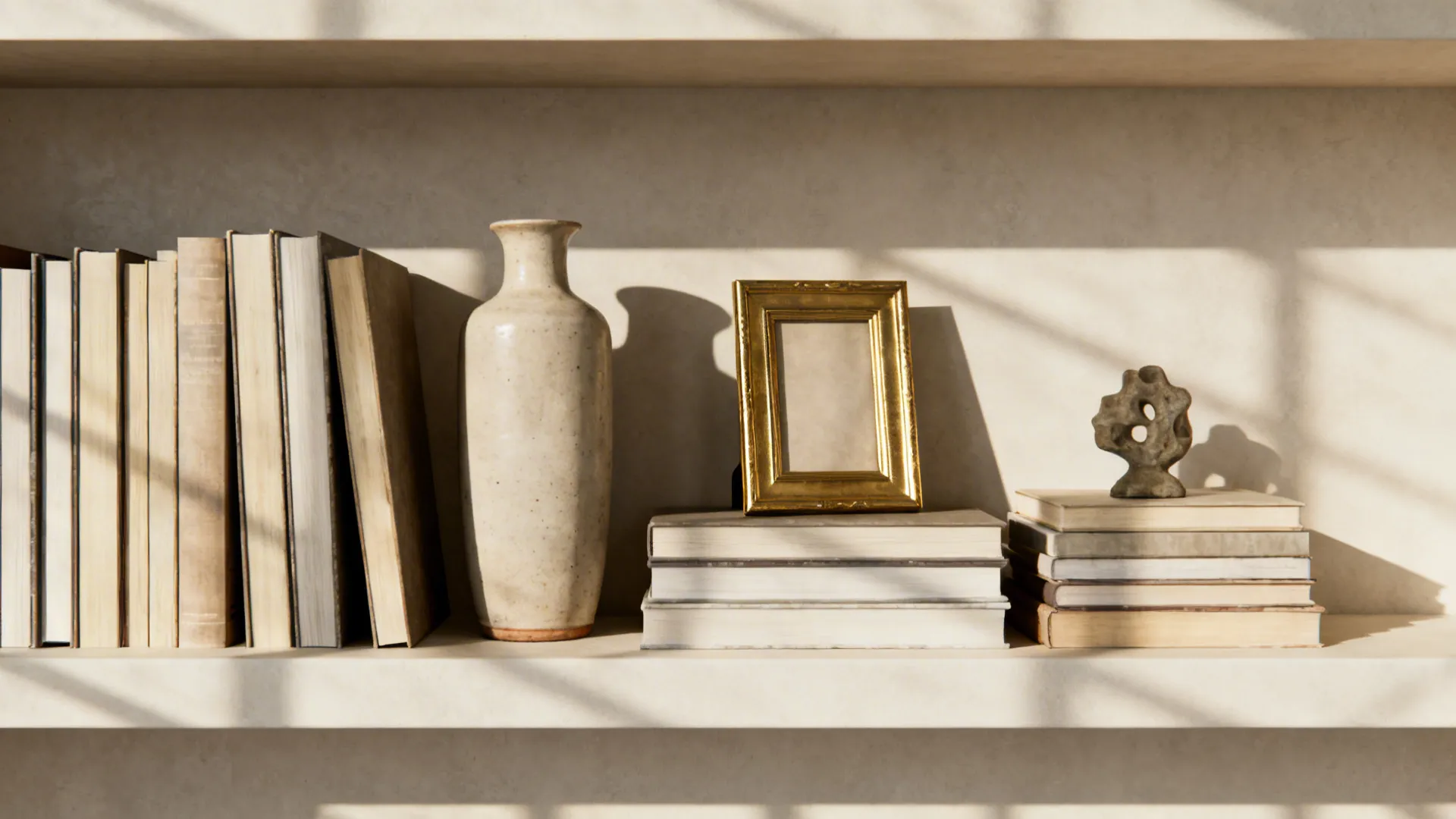 Shelf mixing vertical books and horizontal stacks with objects of varying scale for visual rhythm.