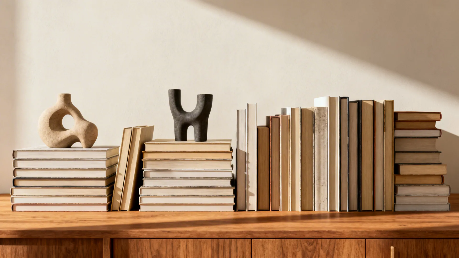 Shelf showing alternating horizontal book stacks with sculptural objects and vertical book rows for visual rhythm.