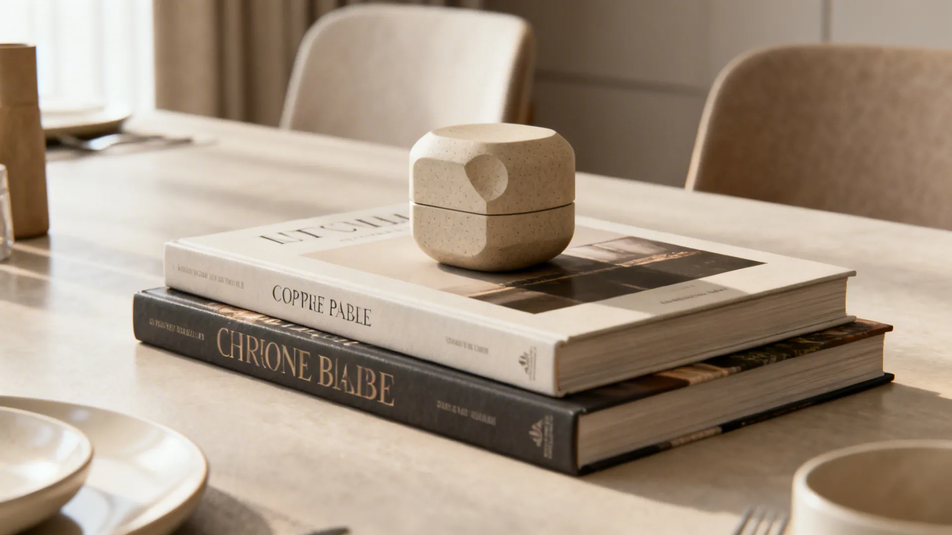 Stack of coffee-table books topped by a small sculptural object on a dining table